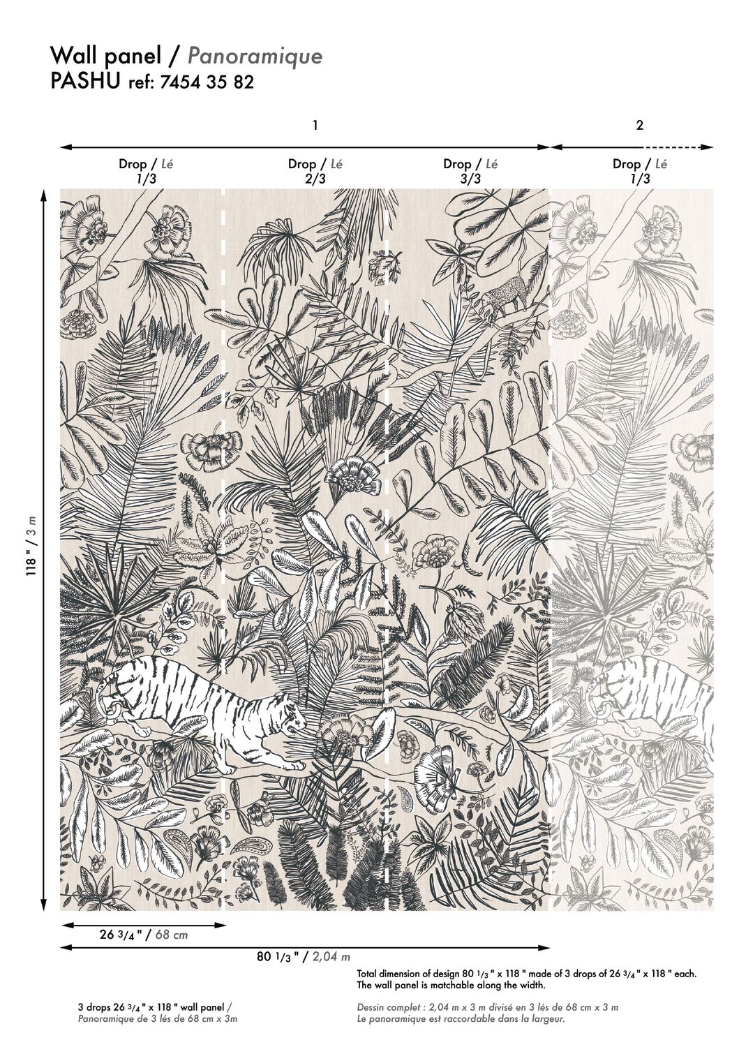 Papier peint panoramique jungle Tigre Pashu écru/blanc - Ceylan de Casamance | Réf. CAS-74543582