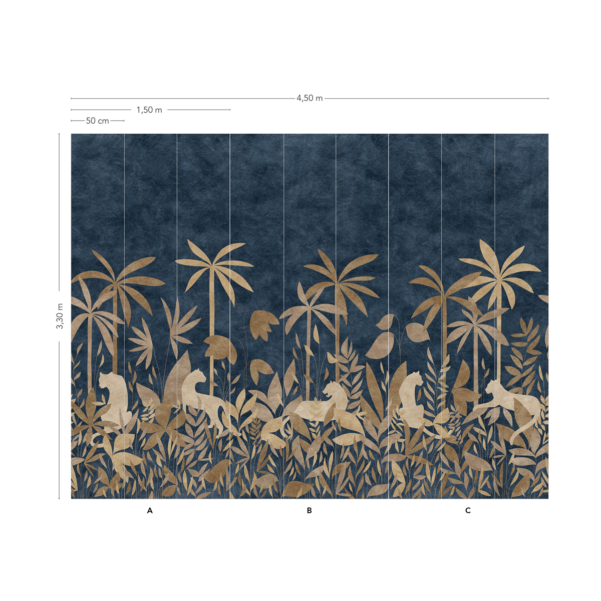 Papier peint panoramique Paradis des Tigres Nocturne Doré A+B+C - 1/2/3/4/5/6/7/8/9 - Isidore Leroy