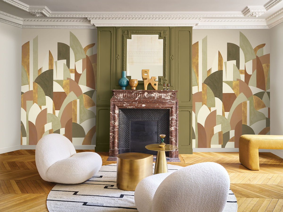 Papier peint panoramique Géométrique Pablo vert amande doré - Panoramas 4 de Casamance | Réf. CAS-A74882548