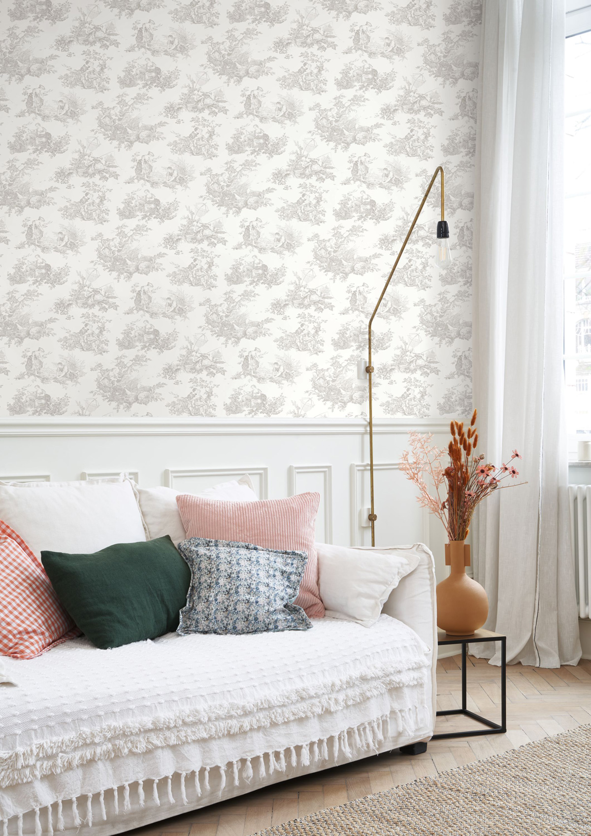 Papier peint Scene D'Été gris perle - Les Belles Toiles De Jouy 2 de Casadéco | Réf. BTJD87919103