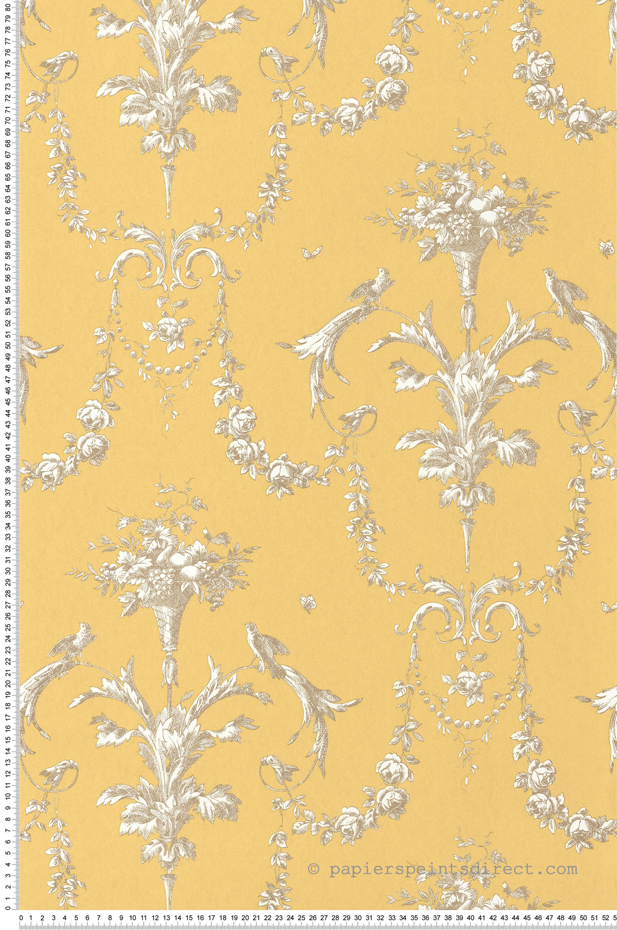 Papier peint Baroque et Oiseaux jaune soleil et doré - Les Belles Toiles De Jouy de Casadéco AMBV | Réf. LBTJ87922524