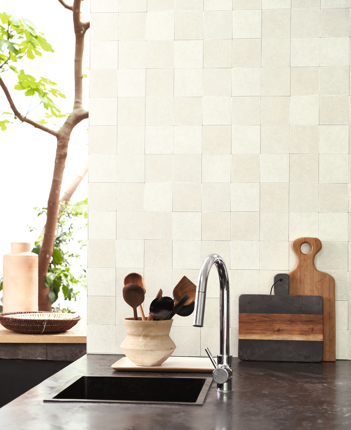 Papier peint Carrelage Zellige blanc albâtre - Minerals de Casadéco | Réf. MNRL88100110