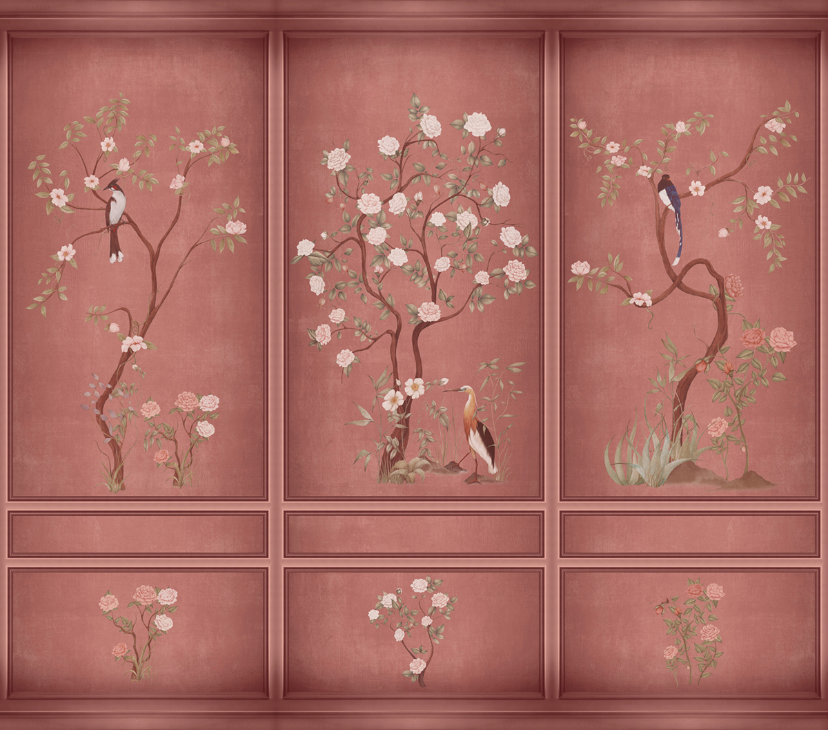 Papier peint panoramique Boiserie Fleurie framboise - Panorama 2 de Lutèce | Réf. LTC-PAN1573C