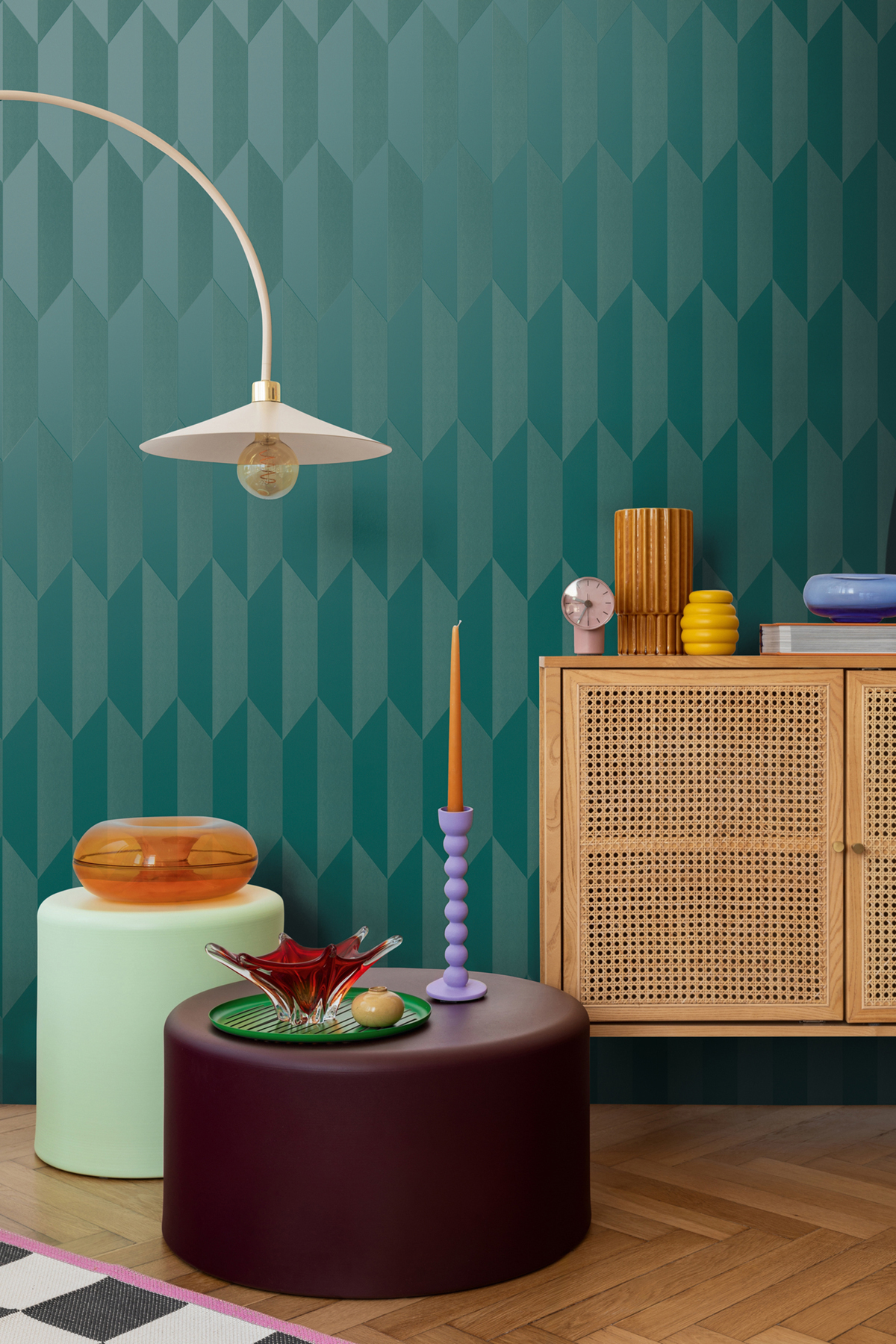 Papier peint Damier Graphique Groove émeraude métallisé - Cosmoliving d'A.S. Création AMB3 | Réf. AS-790867