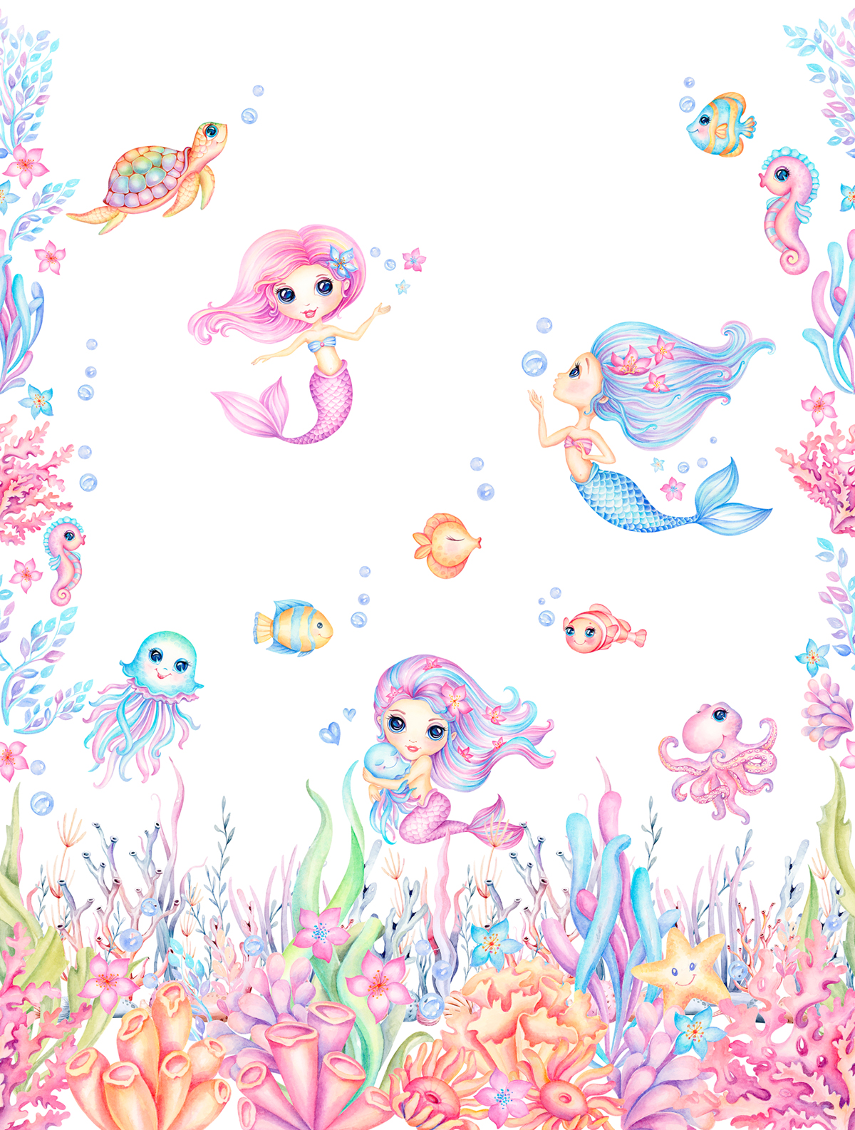 Papier peint panoramique Marin Little Sirène violet - Farandole de Lutèce | Réf. LTC-CW6059-1