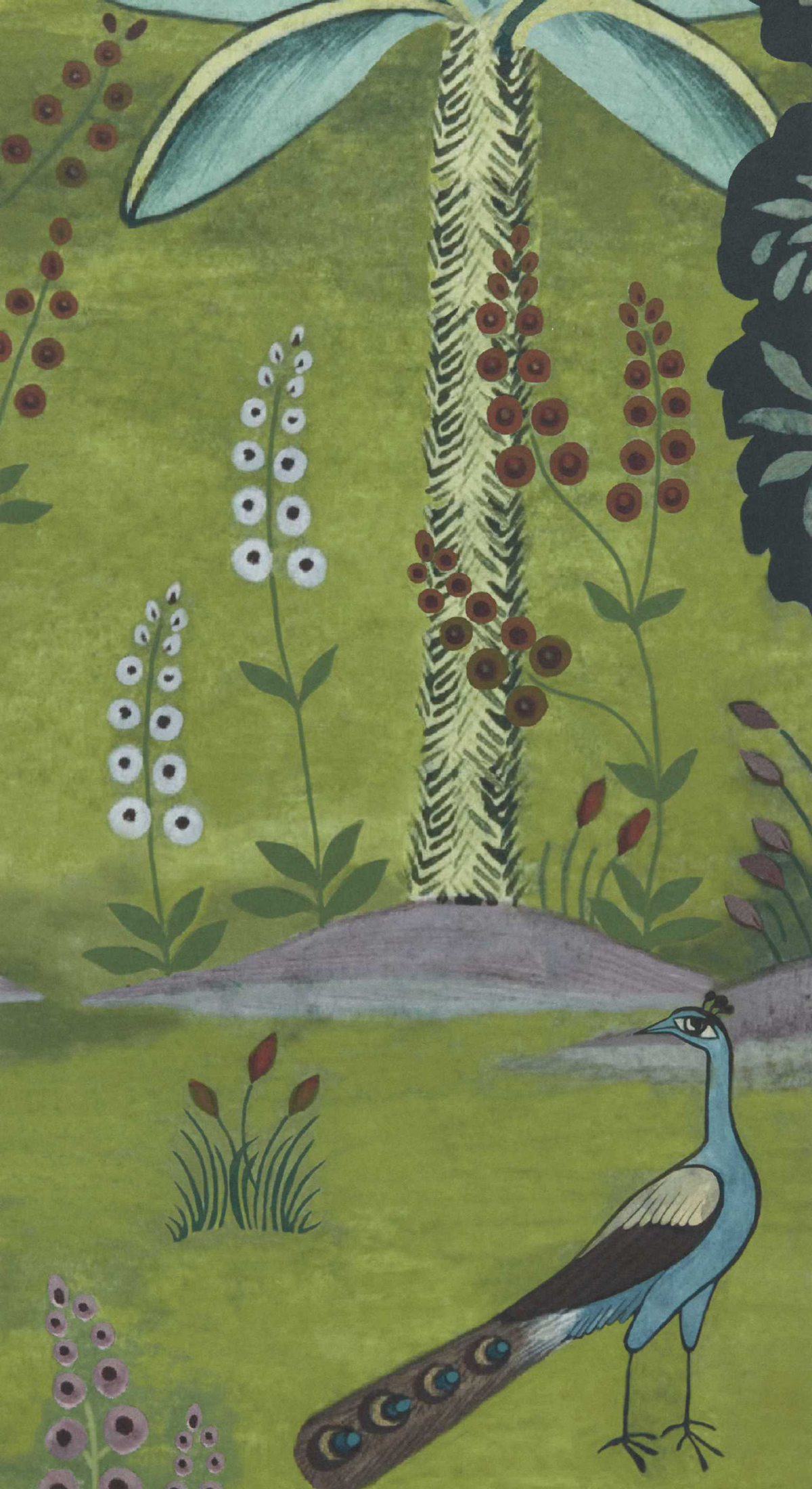 Papier peint panoramique Paon Garland Of Ragini Jour vert - V&A Decorative Papers II d'Initiales AMB2| Réf. INI-2412-183-01