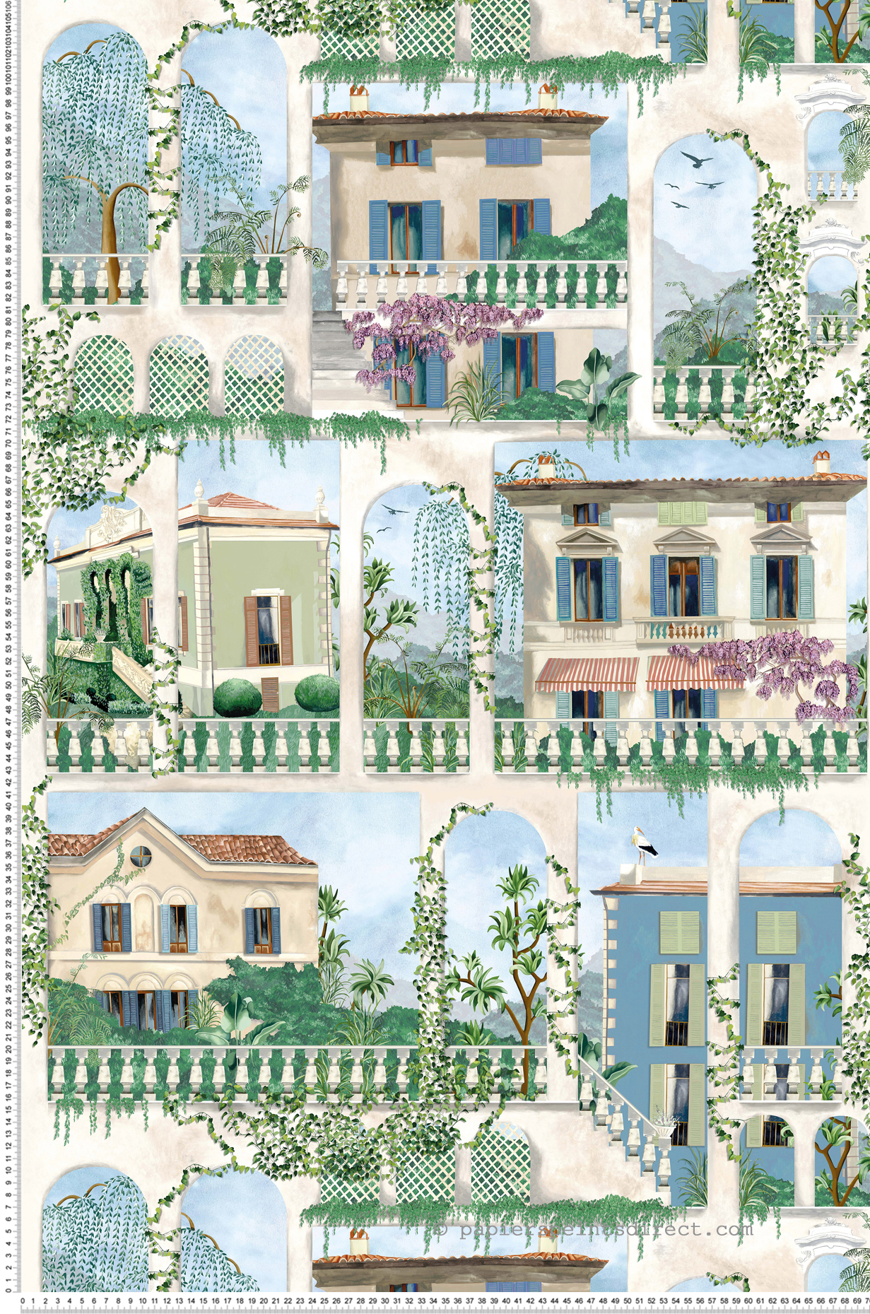 Papier peint Village Villa Como bleu vert - Rhapsody d'Osborne & Little | Réf. OSB-W7813-02