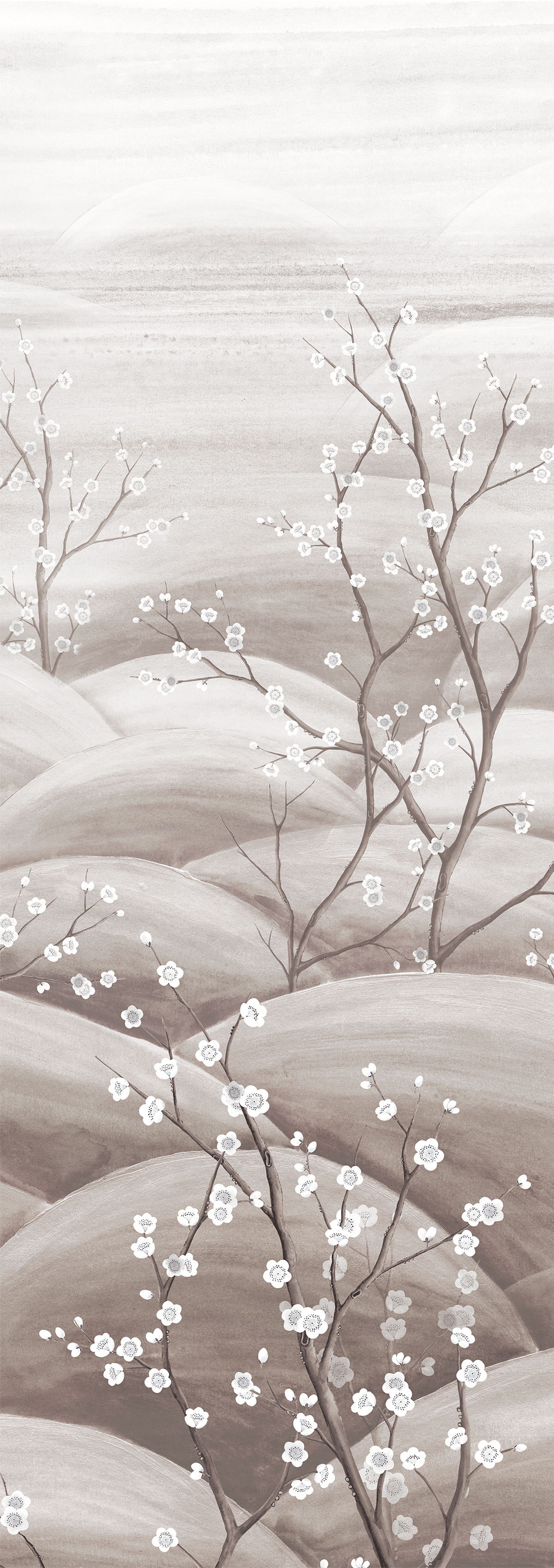 Papier peint panoramique Paysage Floral Japonais Sakura argenté - A H300 - Traces de Masureel | Réf. MAS-DGTRA5031-300