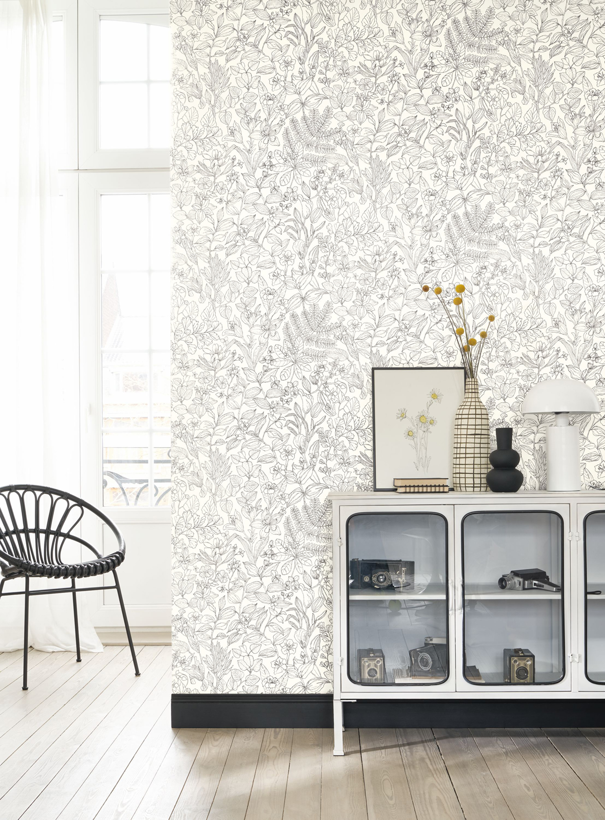 Papier peint Feuille Esquisse gris blanc - Gardens de Casadéco | Réf. GADN87599267