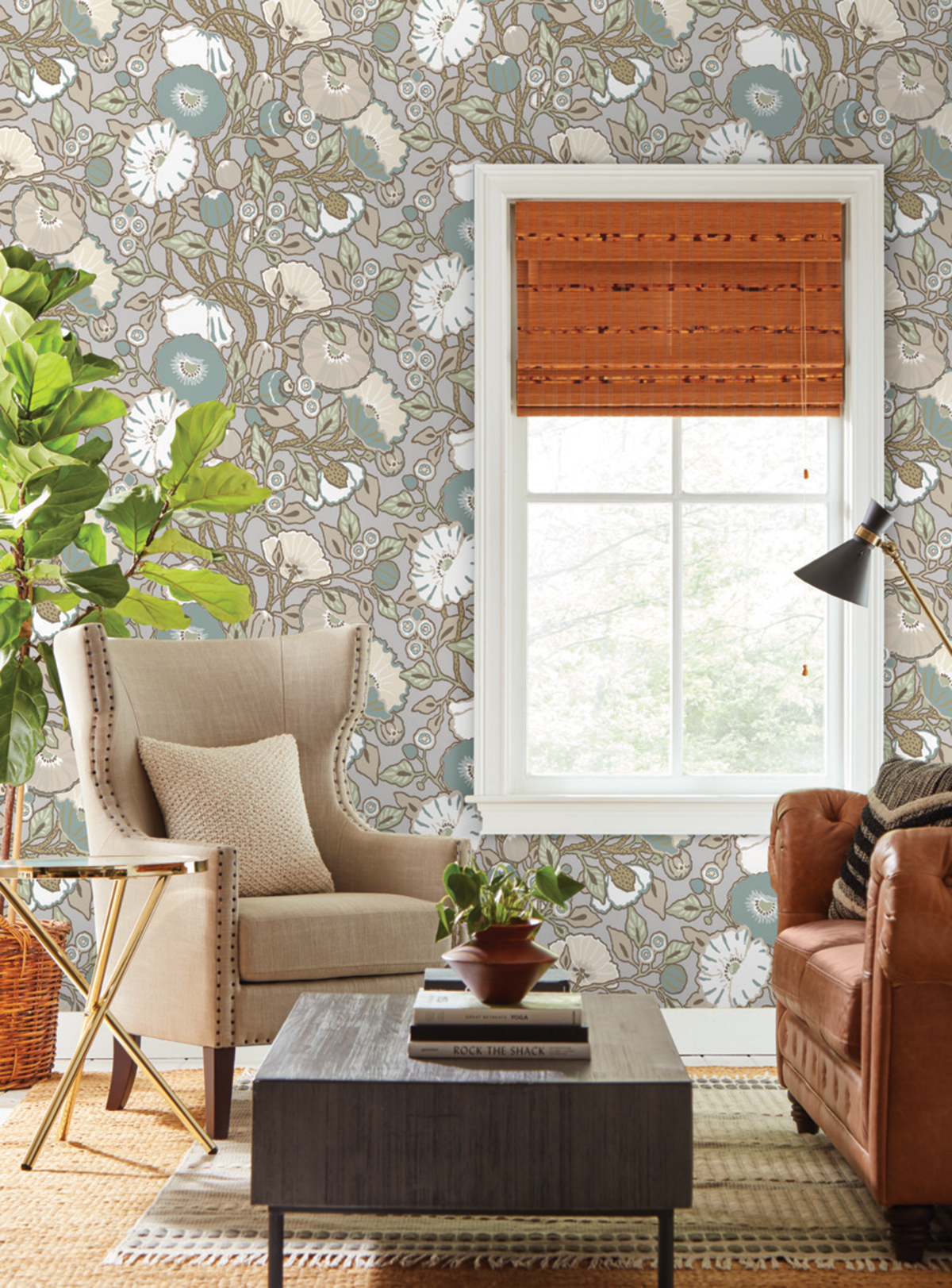 Papier peint Coquelicot Vintage bleu paon vert - Greenhouse de York (Initiales) AMB2 | Réf. INI-GO8313