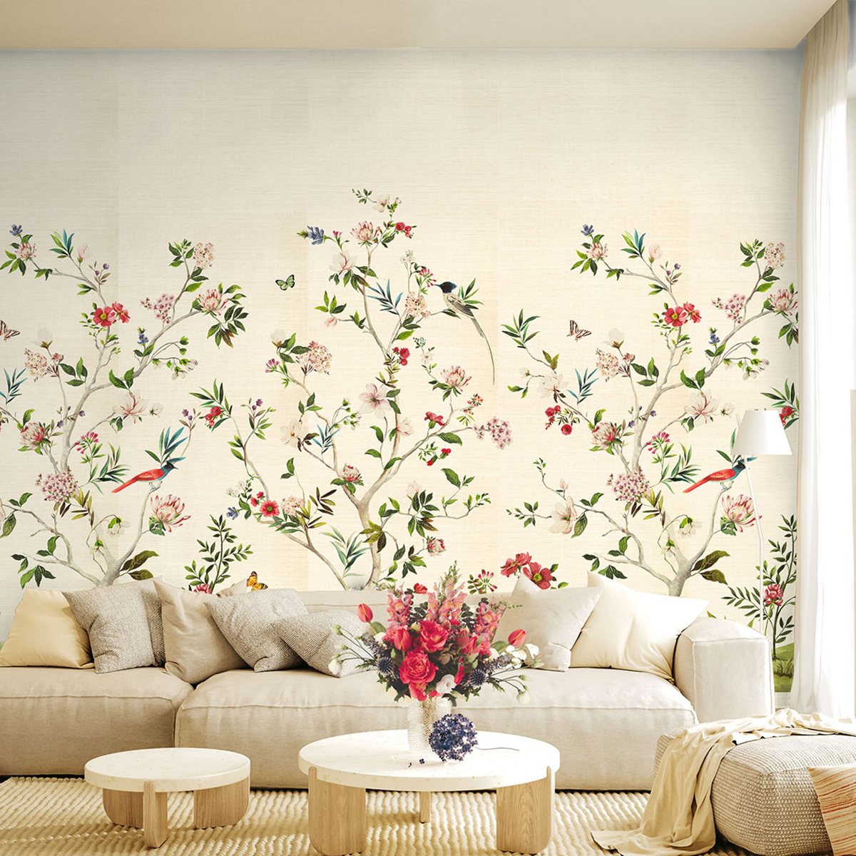 Papier peint panoramique Oiseaux Chinoiserie Magnolia Grasscloth blanc cassé - Daisy Bennett d'Initiales AMB2 | Réf. INI-DB31506M