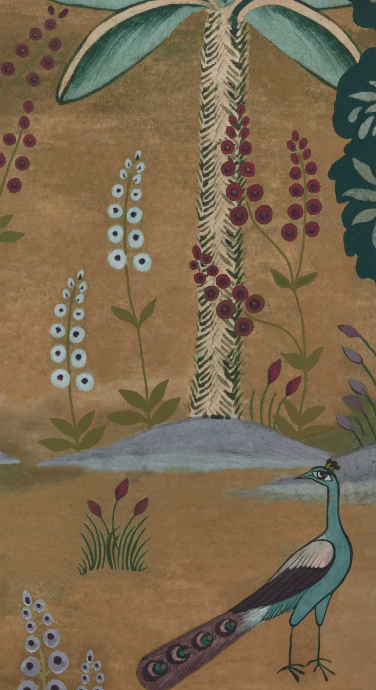 Papier peint panoramique Paon Garland Of Ragini Nuit ocre - V&A Decorative Papers II d'Initiales AMB2| Réf. INI-2412-183-02