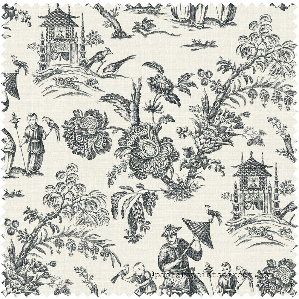 Tissu Toile De Jouy Chinoiserie noir blanc - French Country d'Initiales | Réf. INI-FC62800F