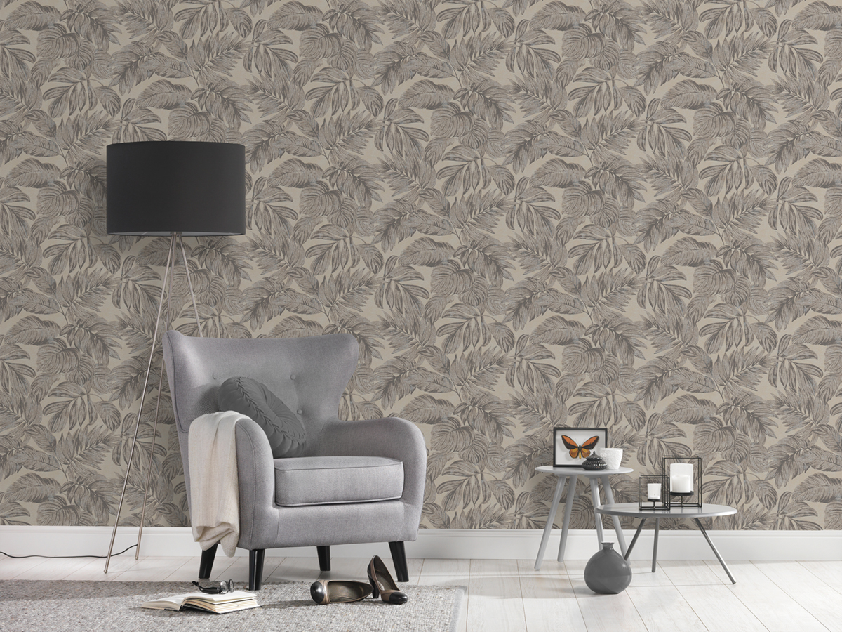 Papier peint Feuille Palme grège argenté - Casual Living d'A.S. Création AMB3| Réf. AS-393402