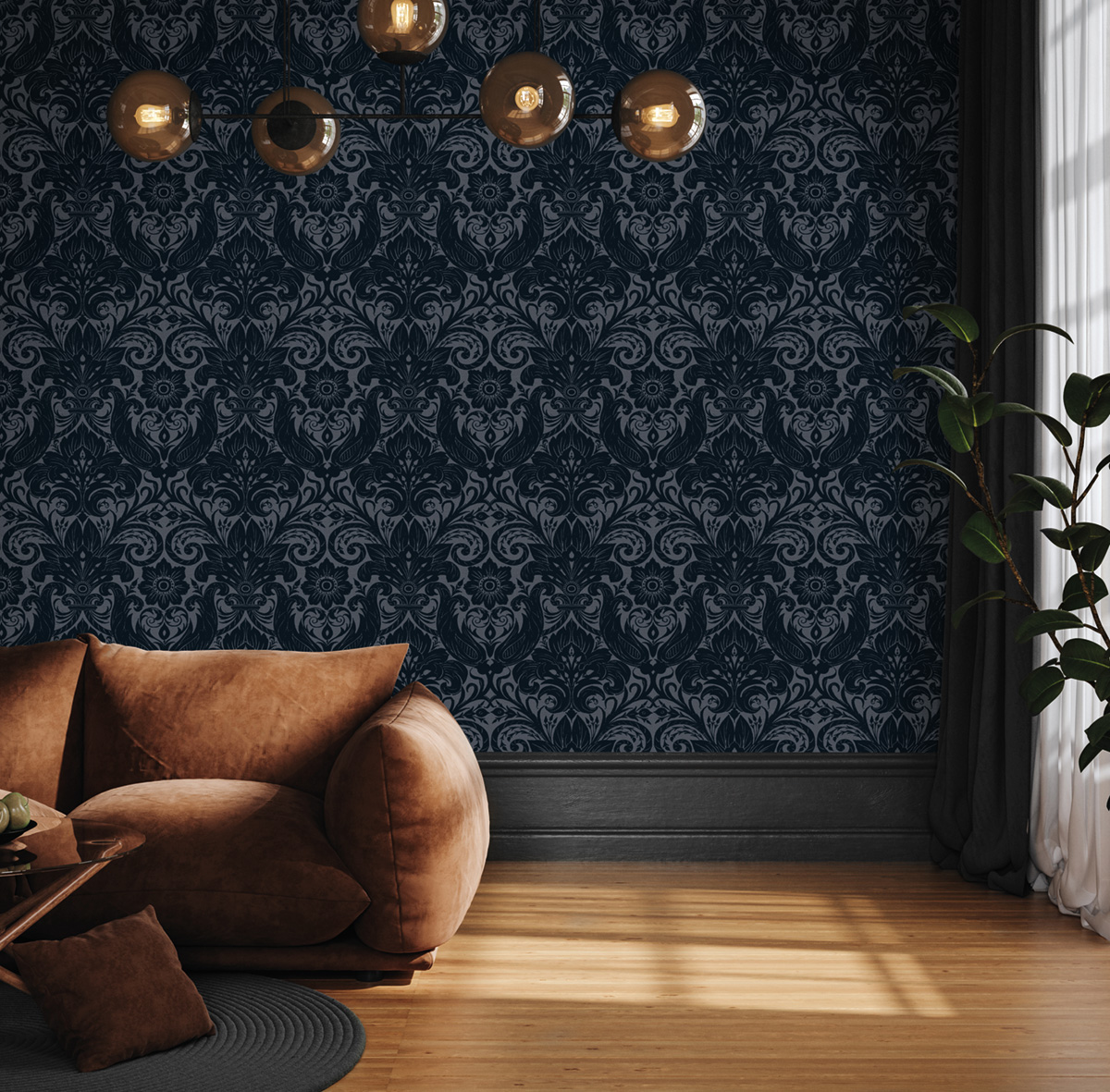 Papier peint Médaillon Floral Velours bleu marine - The Wall Llewelyn-Bowen de Lutèce | Réf. LTC-LB25169