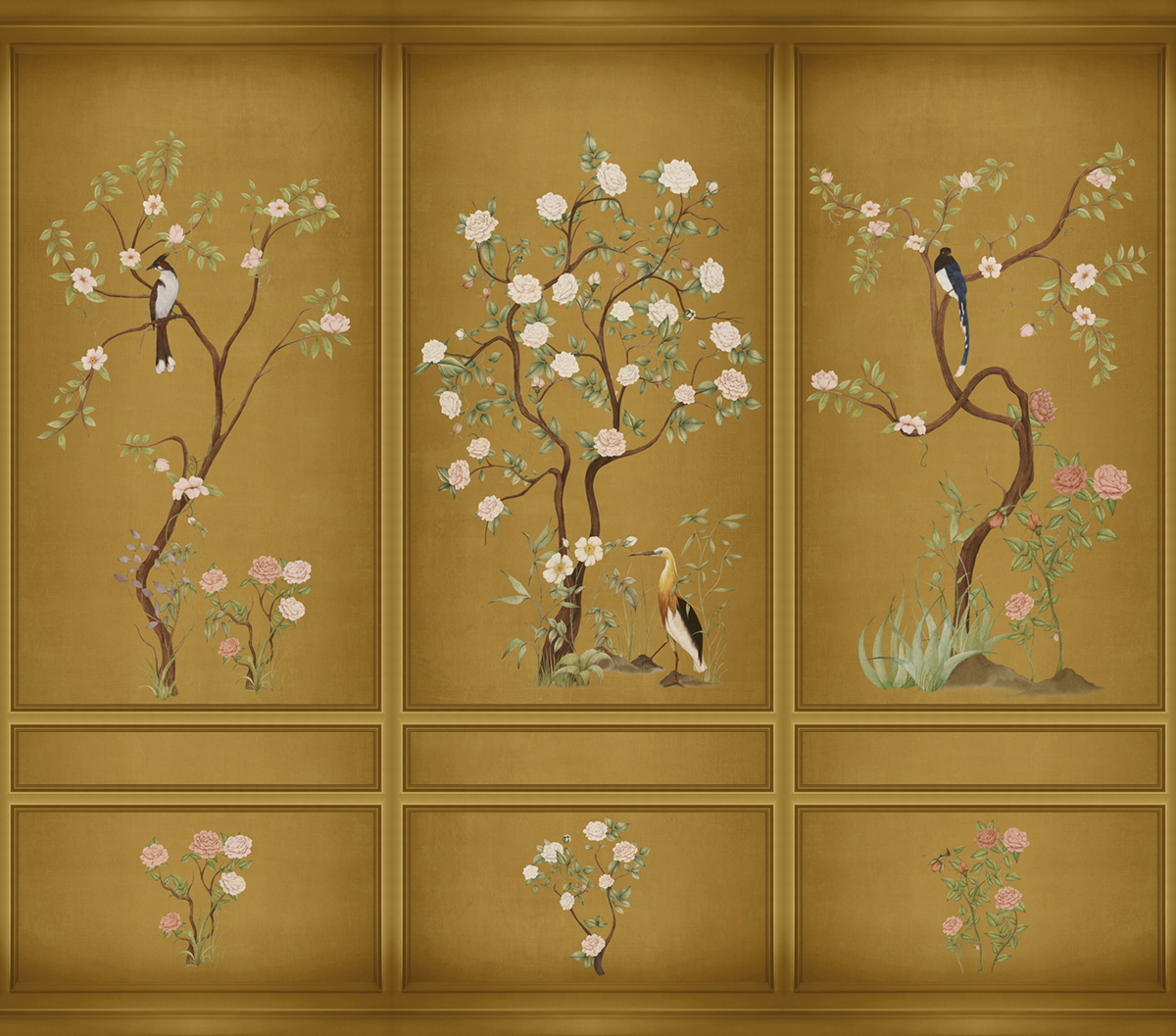 Papier peint panoramique Boiserie Fleurie moutarde - Panorama 2 de Lutèce | Réf. LTC-PAN1571C