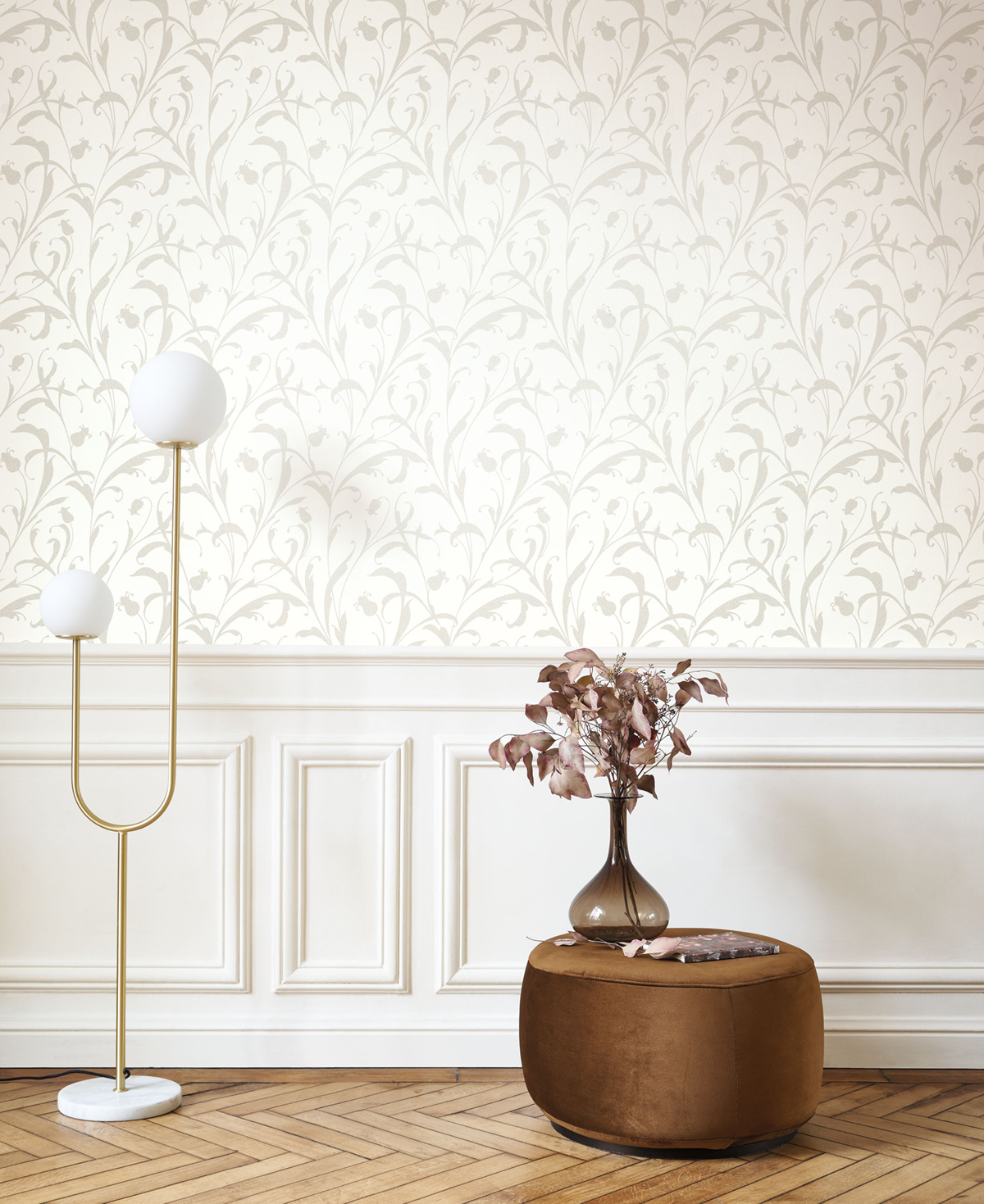 Papier peint Feuillages Arabesques Opaline beige nacré - Elixir de Casadéco AMB1 | Réf. EXIR202000245