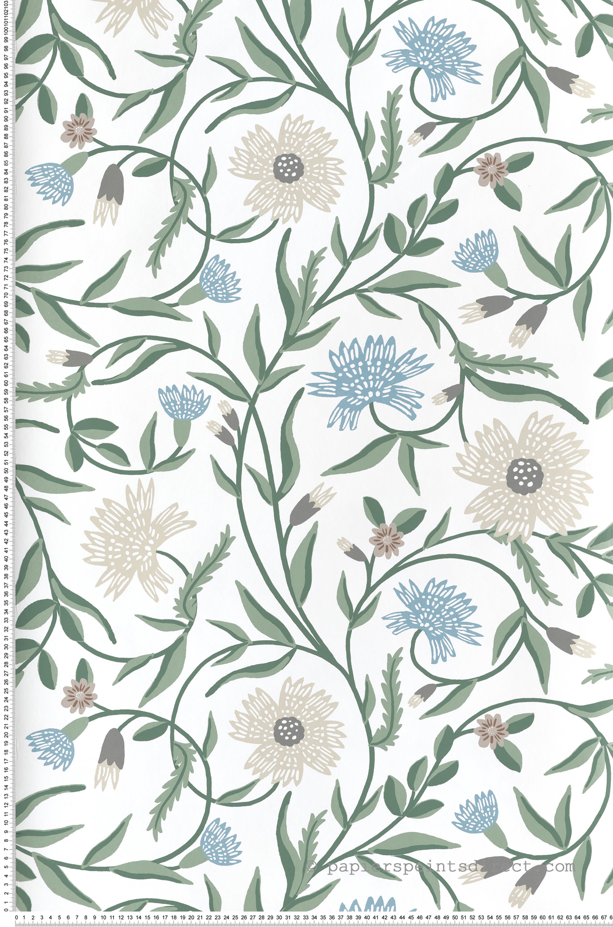 Papier peint Floral Élégant Aster bleu doux vert - Rifle Paper Co. 3 de York (Initiales) | Réf. INI-RF7431