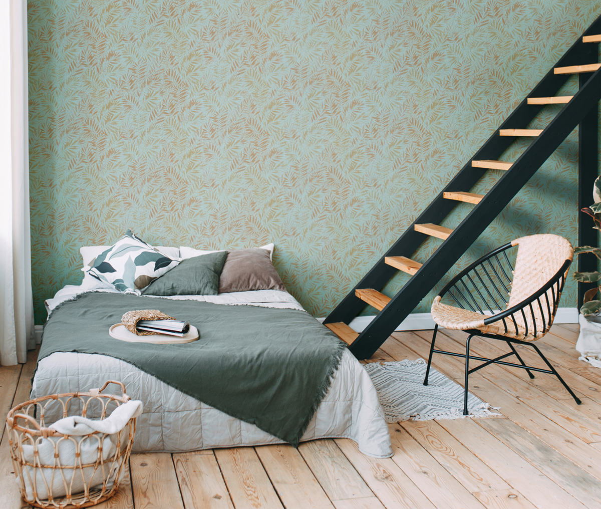 Papier peint Feuillage Métal Zoé turquoise doré - Metropolitan Stories 3 d'A.S. Création | Réf. AS-391204
