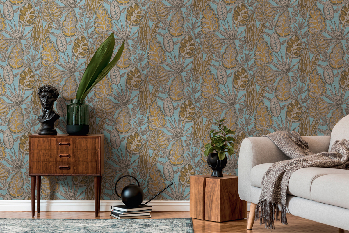 Papier peint Feuillage Symbole Indiana bleu ocre - Famous Garden d'A.S. Création AMB4 | Réf. AS-393464