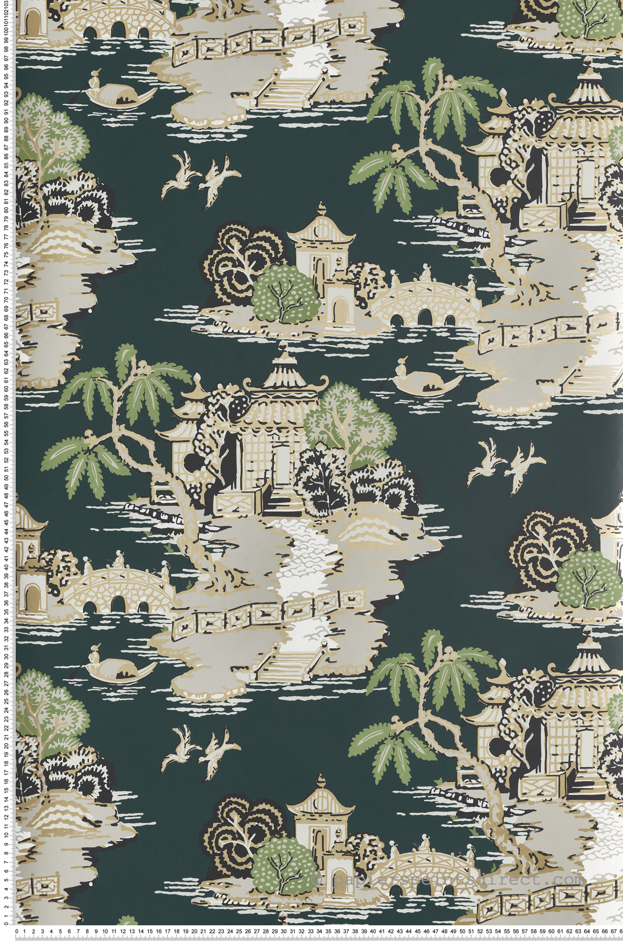 Papier peint Scène Chinoise Pagoda et Sampan vert mélèze doré - Toiles de York (Initiales) | Réf. INI-RT7903
