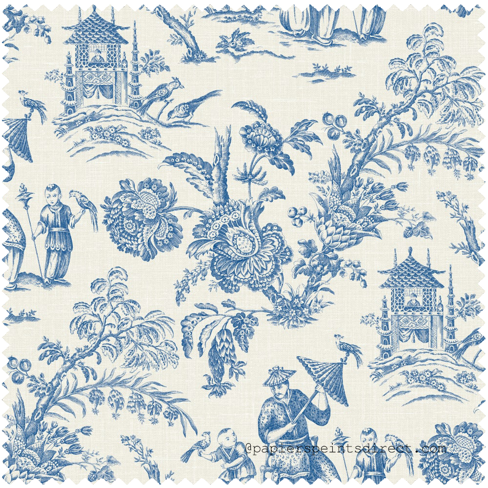 Tissu Toile De Jouy Chinoiserie bleu blanc - French Country d'Initiales | Réf. INI-FC62812F