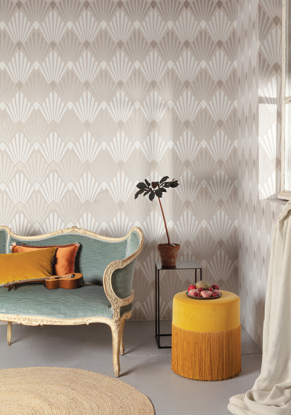 Papier peint Art Déco Diego grège taupe métallisé - Havana de Masureel | Réf. MAS-HAV402