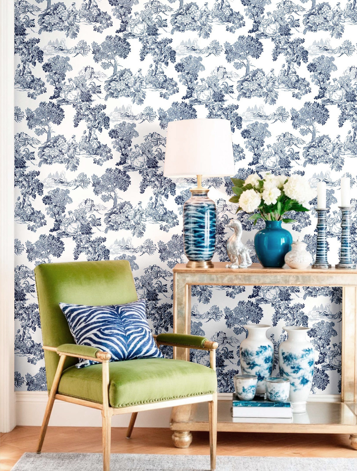 Papier peint Toile de Jouy Scène bleu marine - Garden Party 2 de Montecolino | Réf. MC-8342
