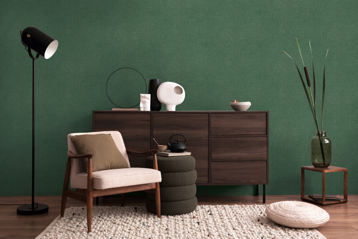 Papier peint Uni Tissage Métallisé vert sapin argenté - Cosmoliving d'A.S. Création AMB3 | Réf. AS-790673