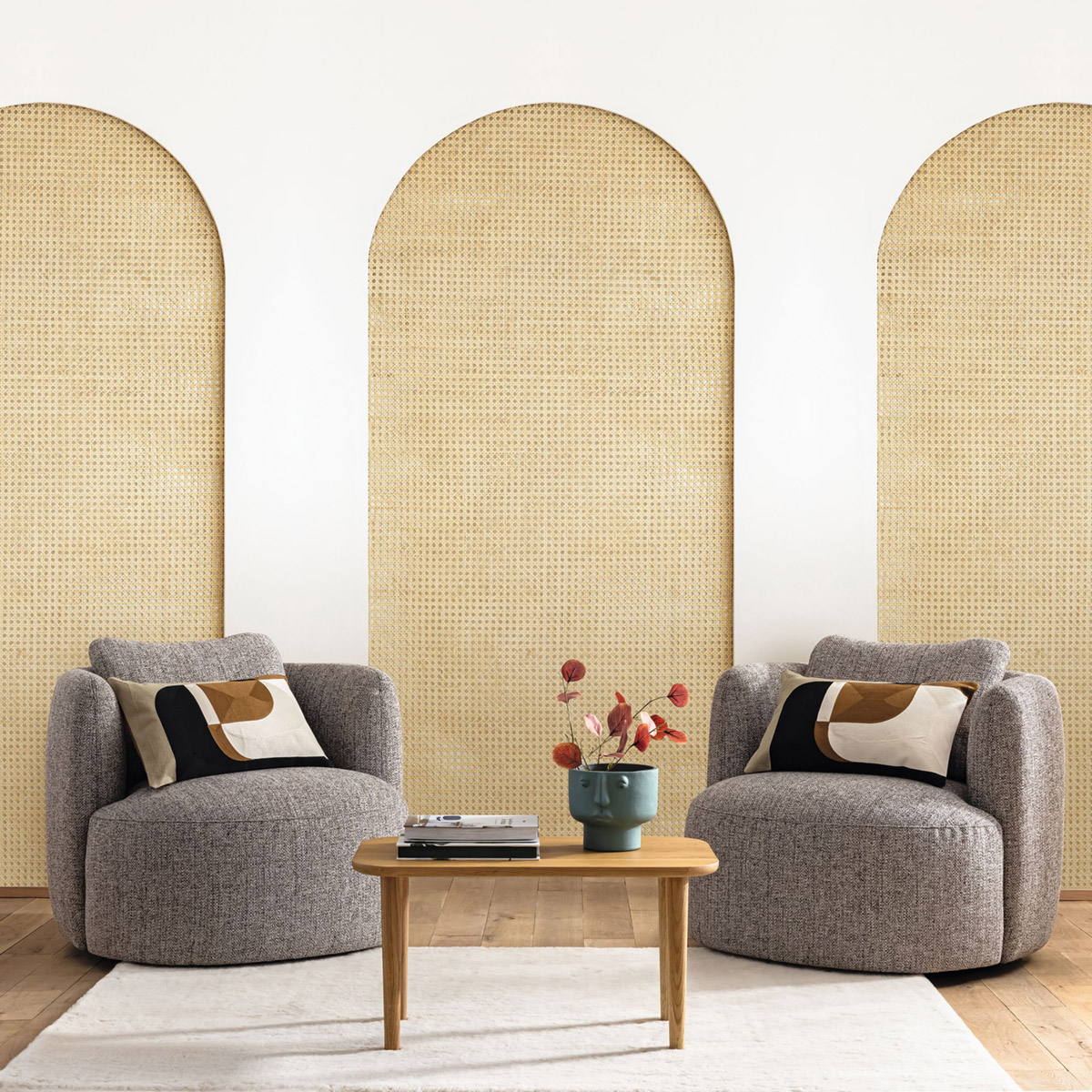 Papier peint panoramique Arche Cannage en Rotin blanc cassé S 159X250 - Reliefs de Casélio | Réf. RLF106200034