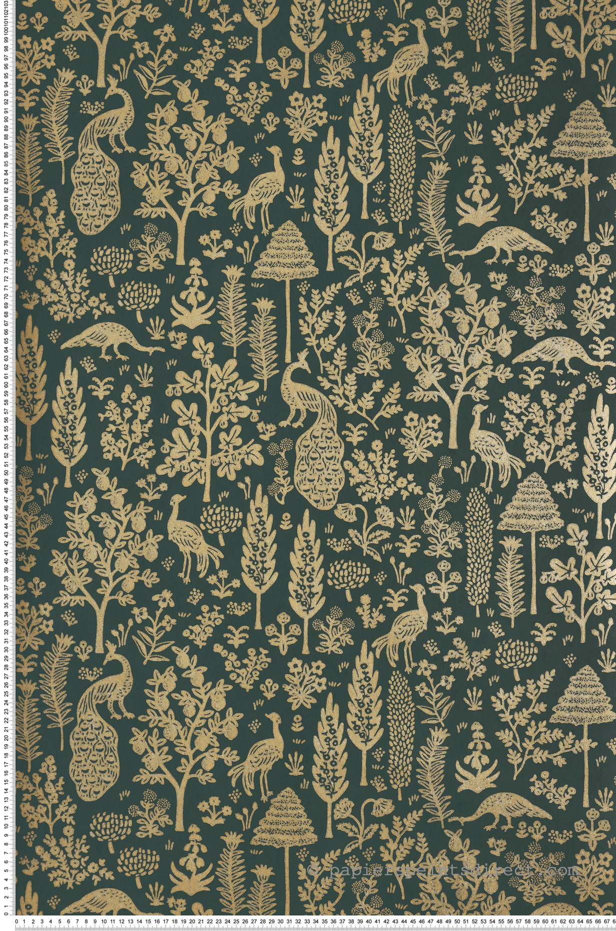 Papier peint Ménagerie Toile Paon doré vert sapin - Rifle Paper Co. 2 de York (Initiales) | Réf. INI-RP7373