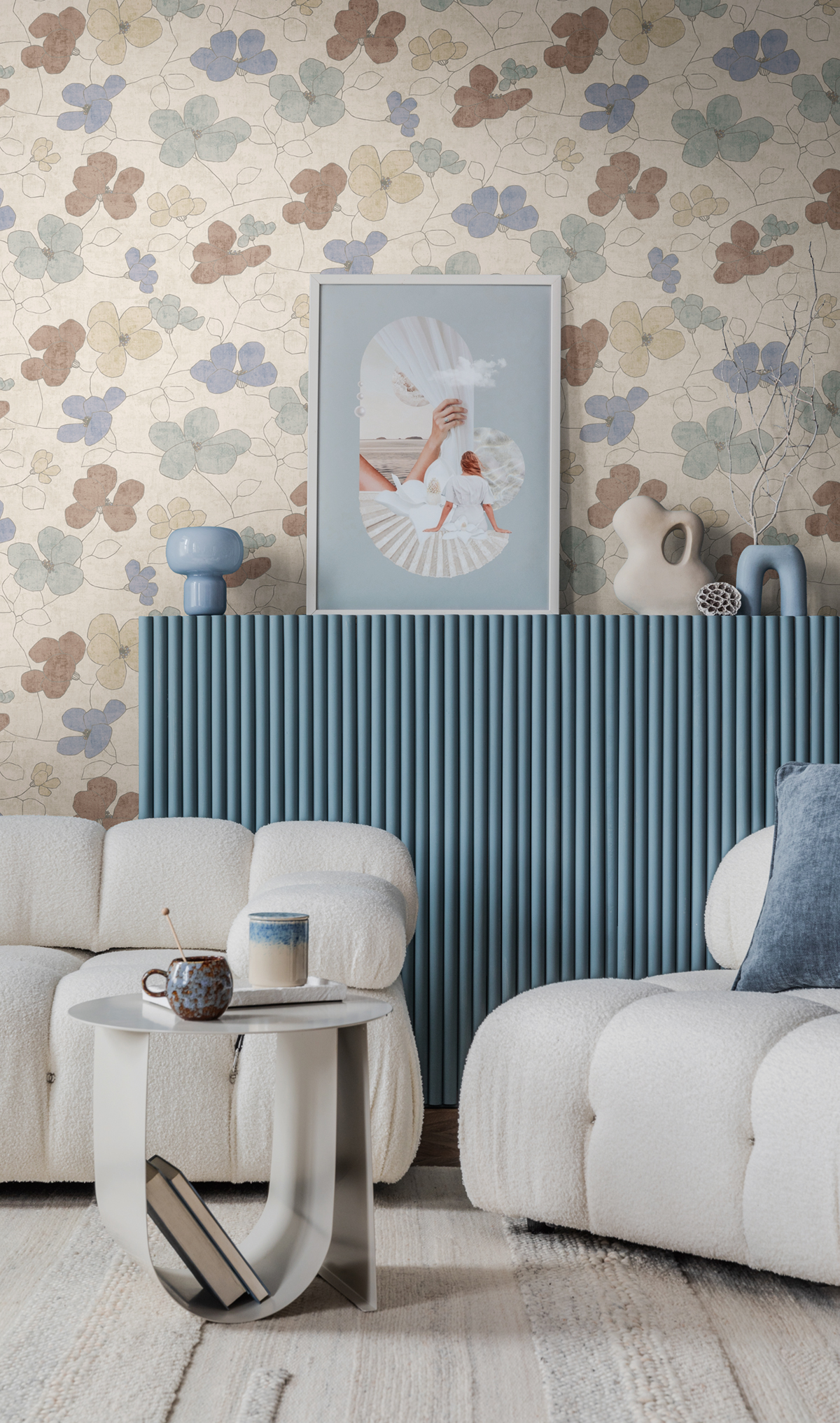 Papier peint Scandinave Fleurs Anémones beige bleu - Nordic Feeling d'A.S. Création AMB2 | Réf. AS-791473