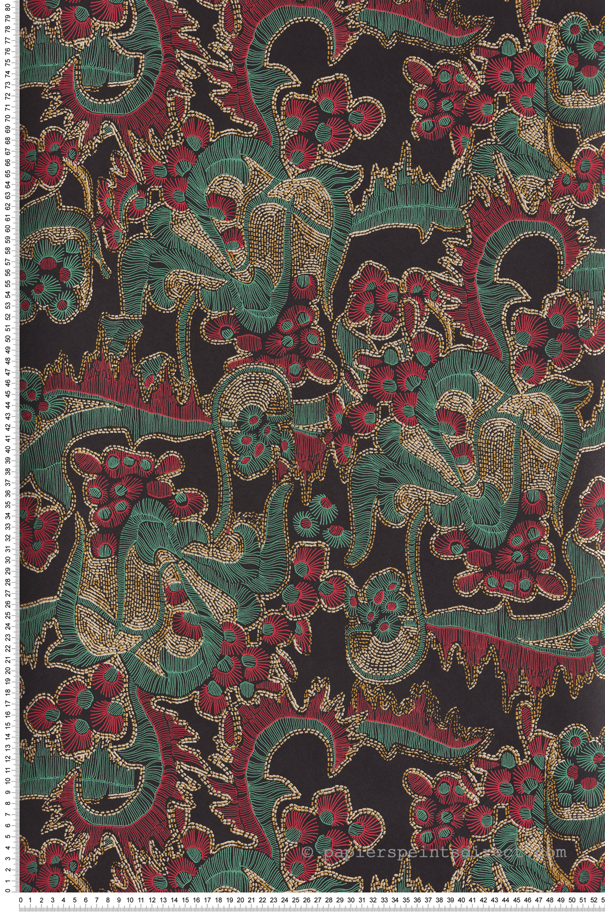 Papier peint Broderie Japonaise Kimora rouge vert nacré - Kimono de Masureel | Réf. MAS-KIM201