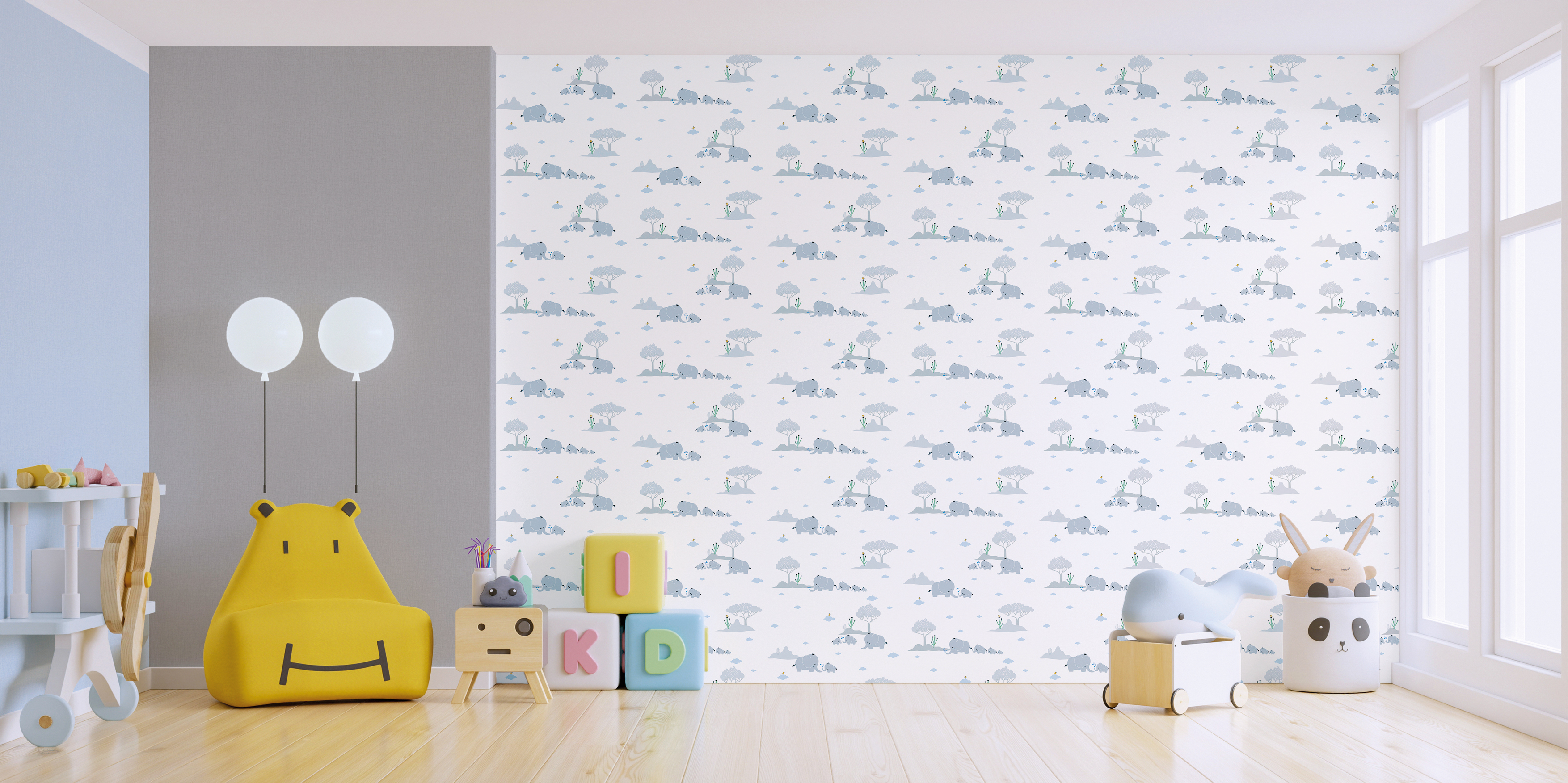 Papier peint enfant Eléphant Cactus gris bleu - Little Love d'A.S. Création | Réf. SP15667