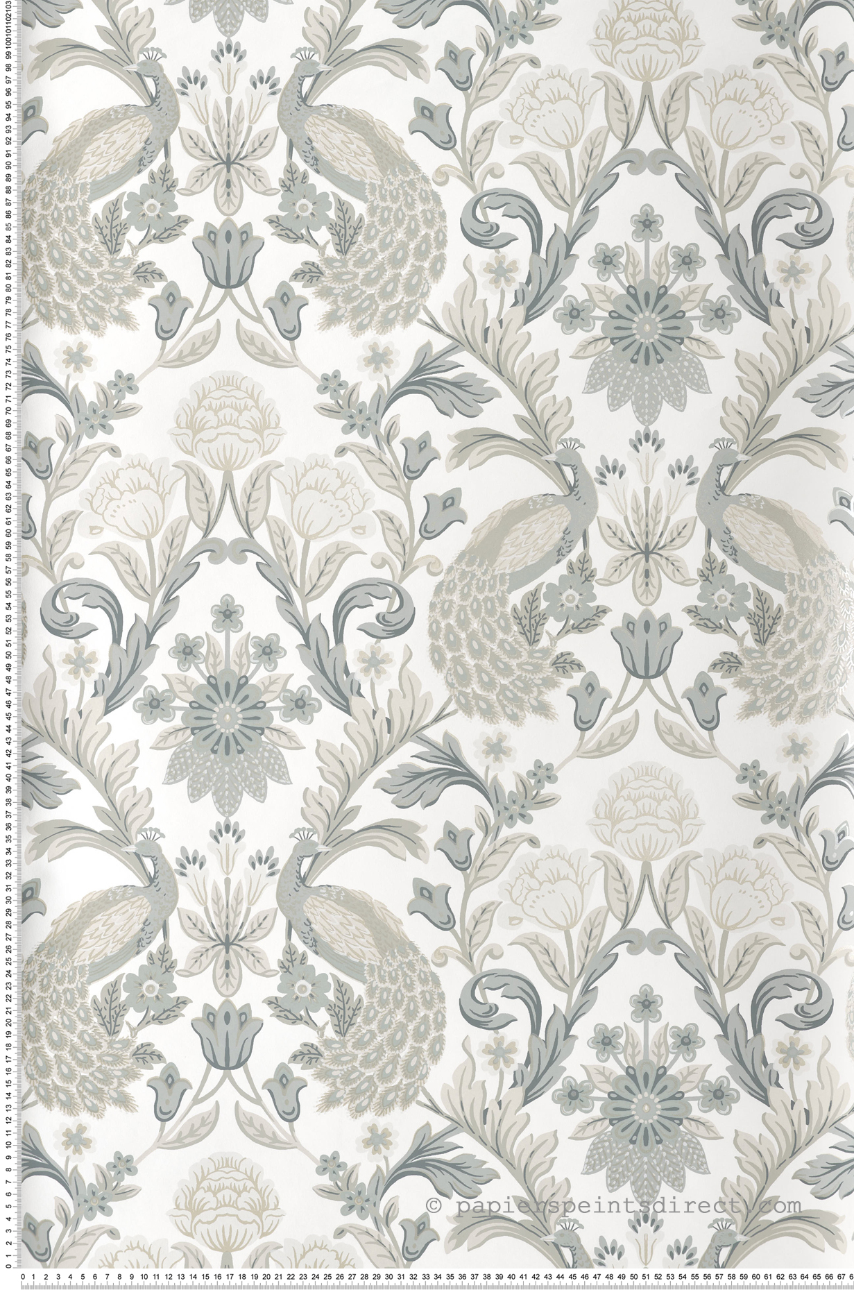 Papier peint Paon Floral Classique gris doré - Arts & Crafts d'Initiales | Réf. INI-AC9102