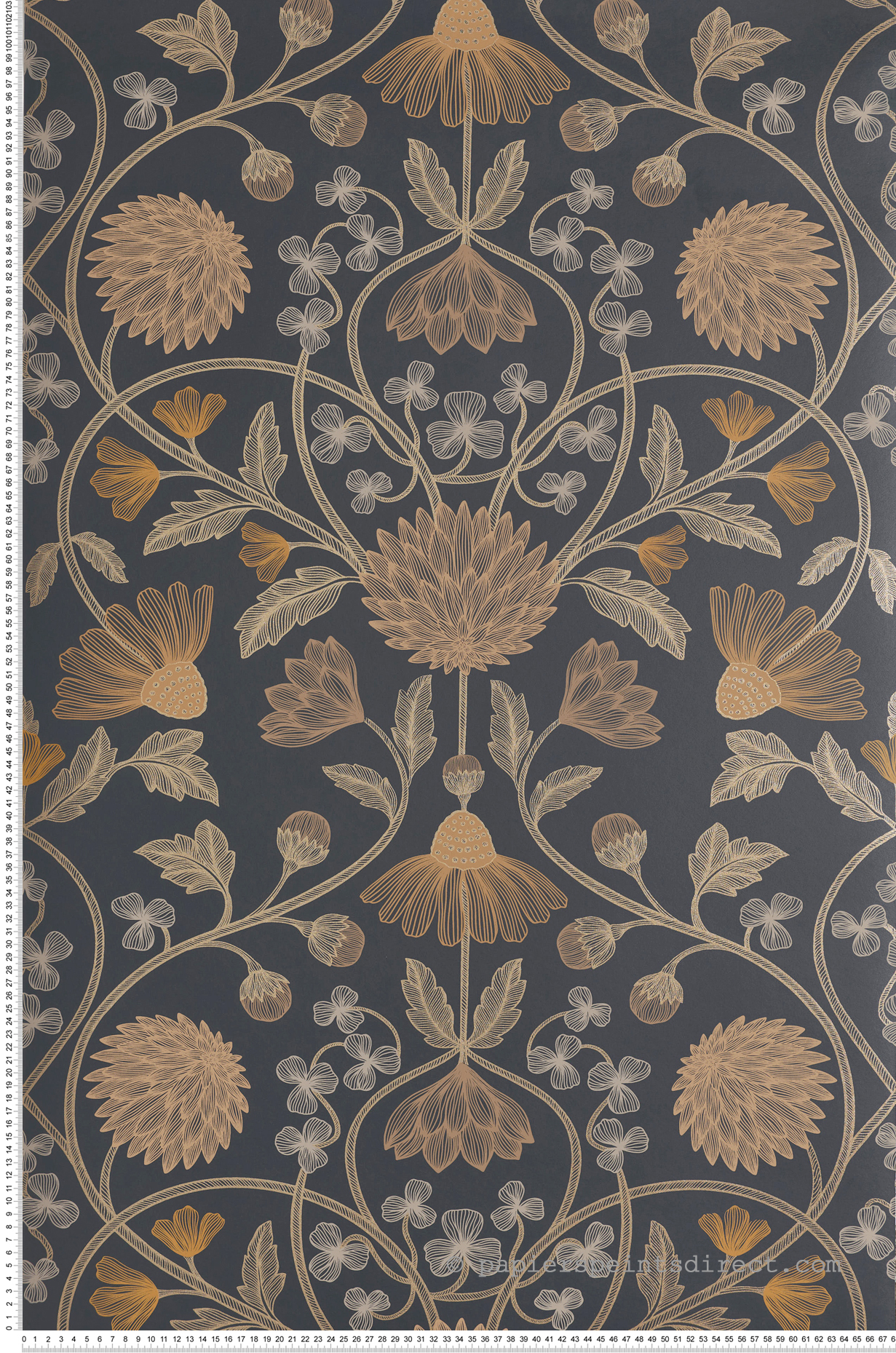 Papier peint Fleurs Champêtres Entrelacées Hippolyte noir doré - Isadora de Casamance | Réf. CAS-70450916