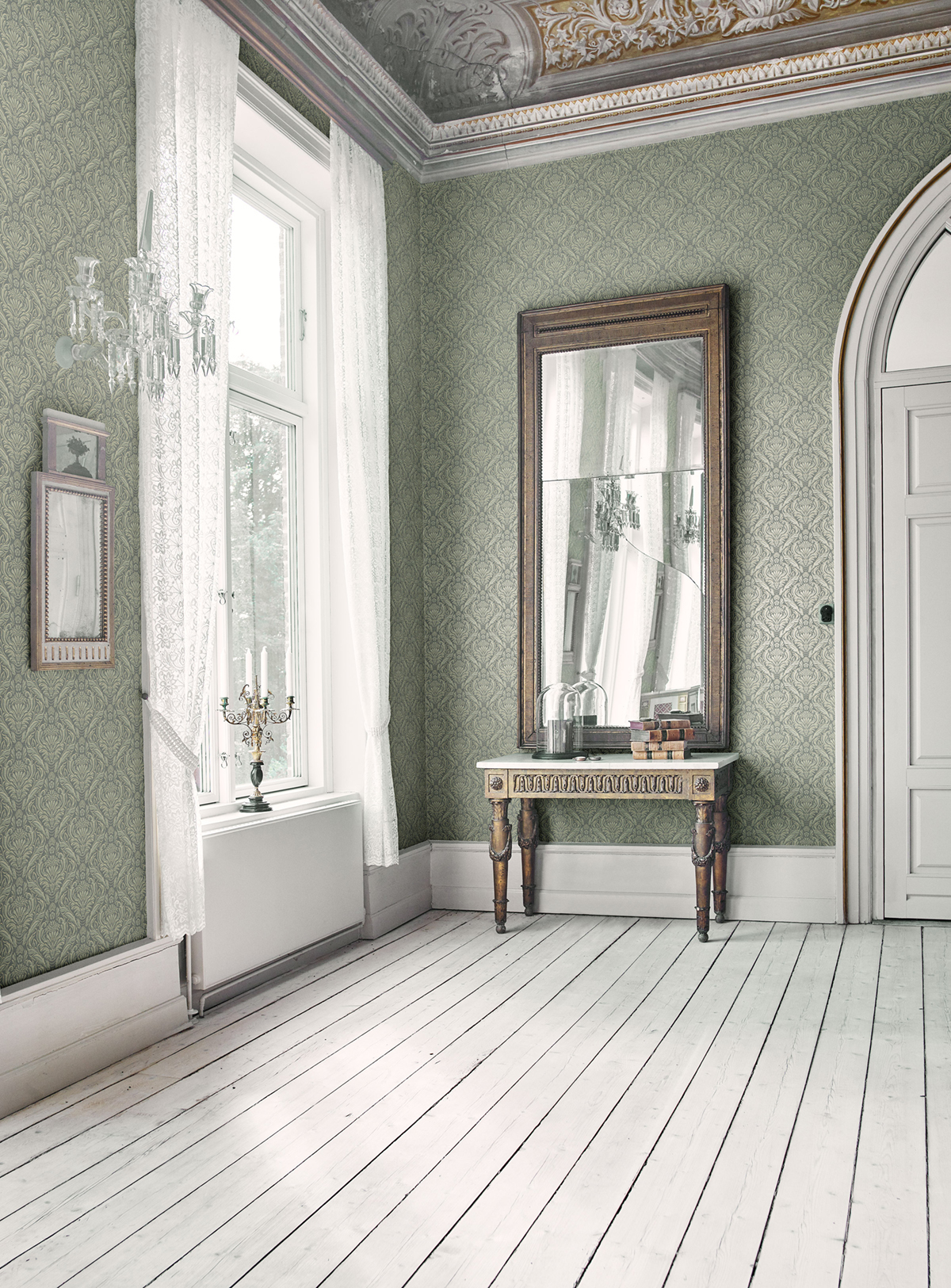 Papier peint Baroque Royal Médaillon vert métallisé - Demeures de Montecolino | Réf. MC-650104