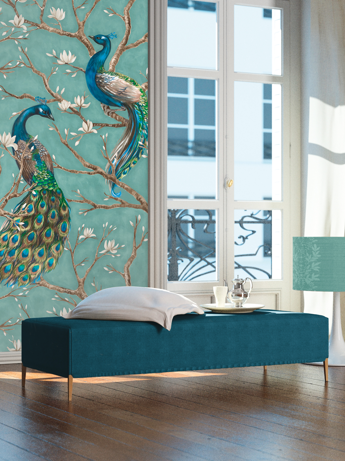 Papier peint panoramique Oiseaux Paon cerisier turquoise - Tribeca de Montecolino AMB | Réf. MC-DD114648