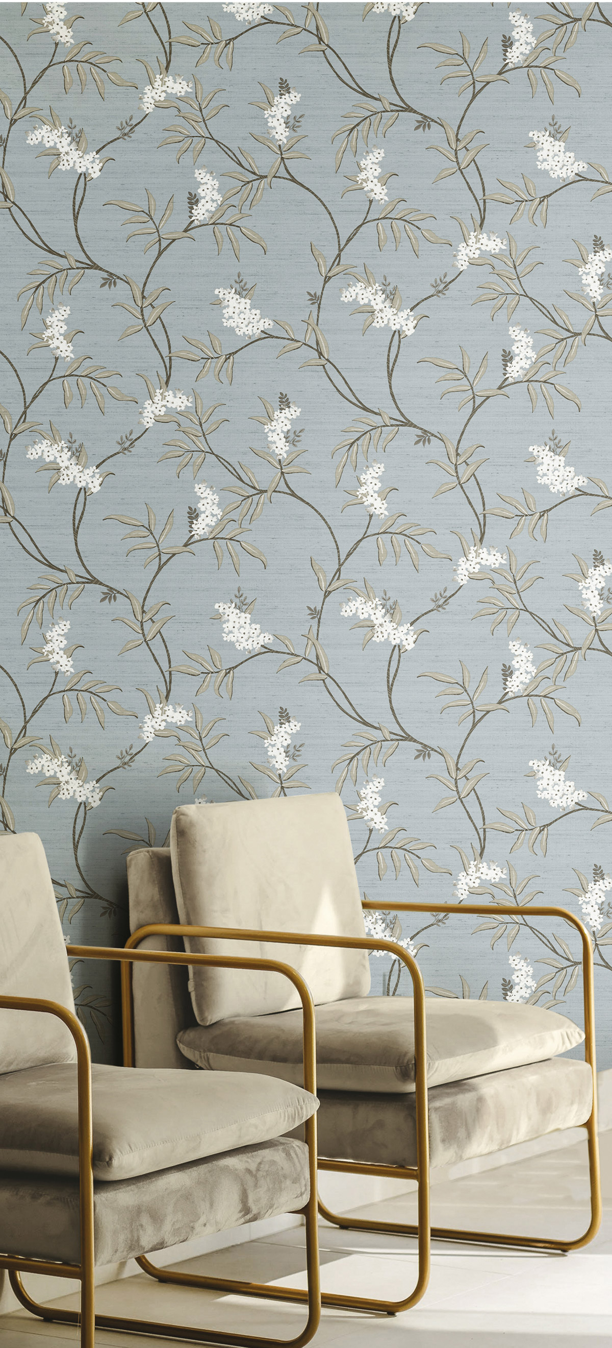 Papier peint Fleuri Vintage bleu ciel doré - Opera de Montecolino | Réf. MC-OP33306