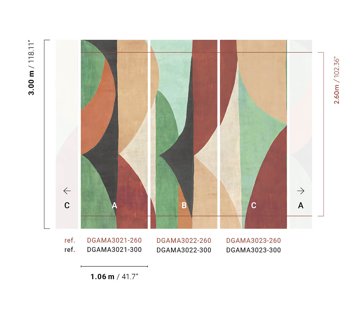 Papier peint panoramique Fresque Arrondie Luana vert - A, B et C H260 - Amani de Masureel | Réf. MAS-DGAMA302X-260