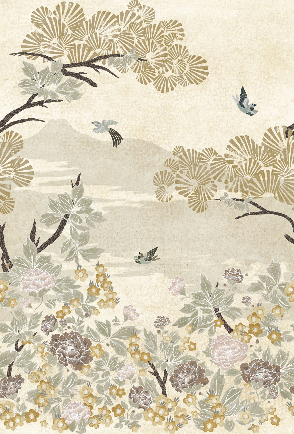 Papier peint Panoramique Fleurs Japon Kansai gris doré - Archipel de Casamance | Réf. CAS-75353976