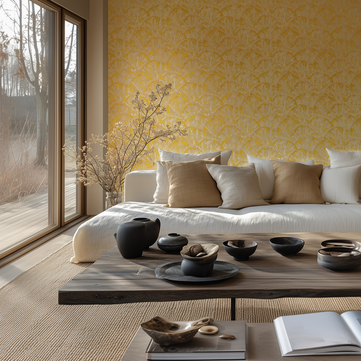 Papier peint Palme Éventail jaune beige argenté - Metropolitan Stories 4 Hot Spots d'A.S. Création | Réf. AS-781984