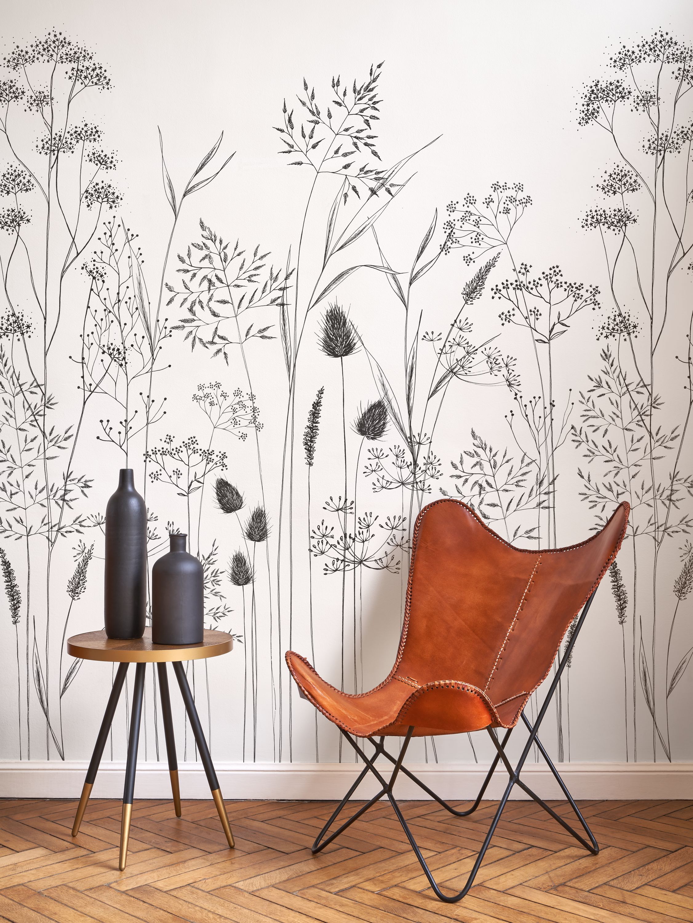 Papier peint panoramique Fleur Capillaris M noir fusain 200x280 - Wonderwalls de Casadéco | Réf. WDWS89149403