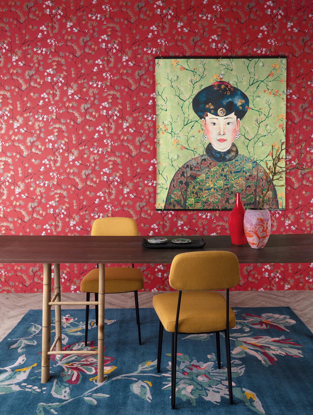 Papier peint Fleurs Japonaise Haru rouge doré - Kimono de Masureel | Réf. MAS-KIM107