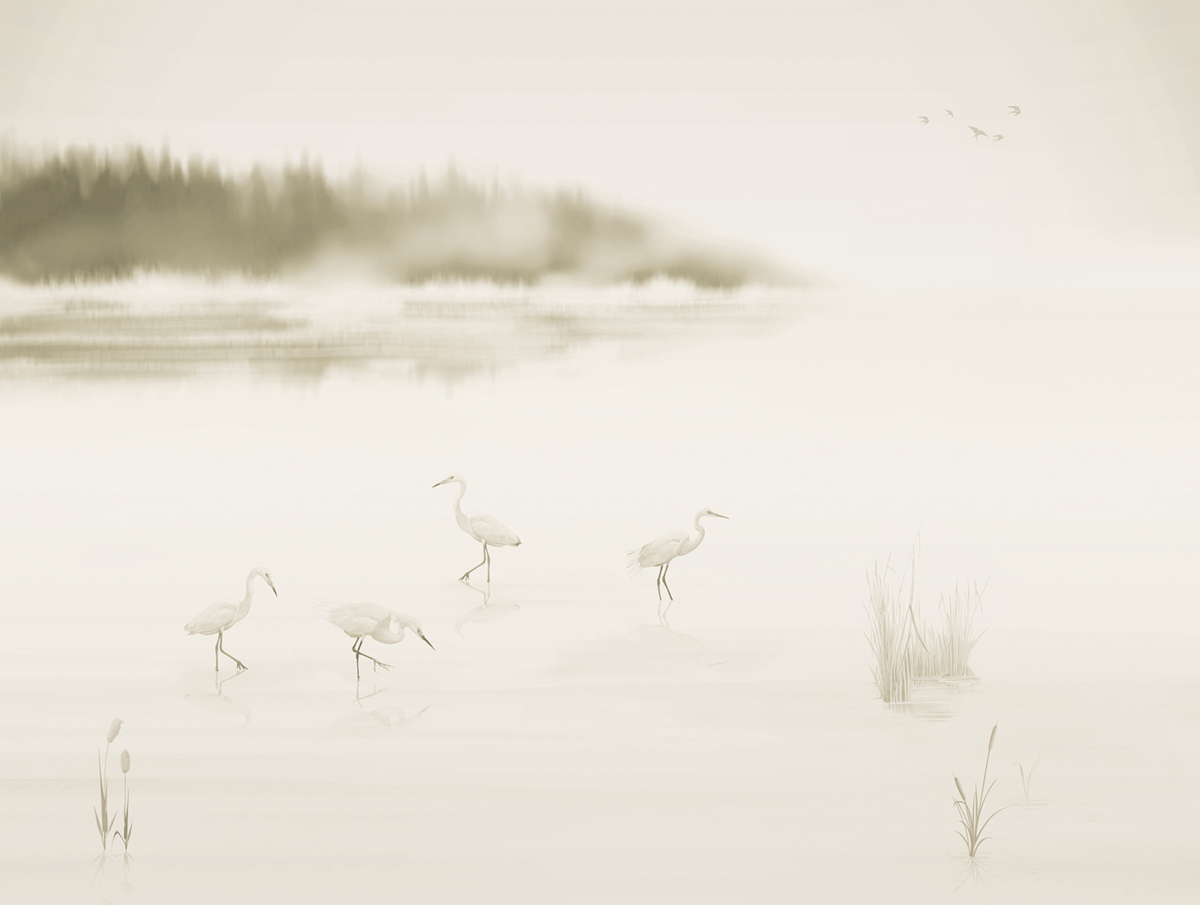 Papier peint panoramique Héron Albufera beige - Panorama 2 de Lutèce | Réf. LTC-PAN1692C