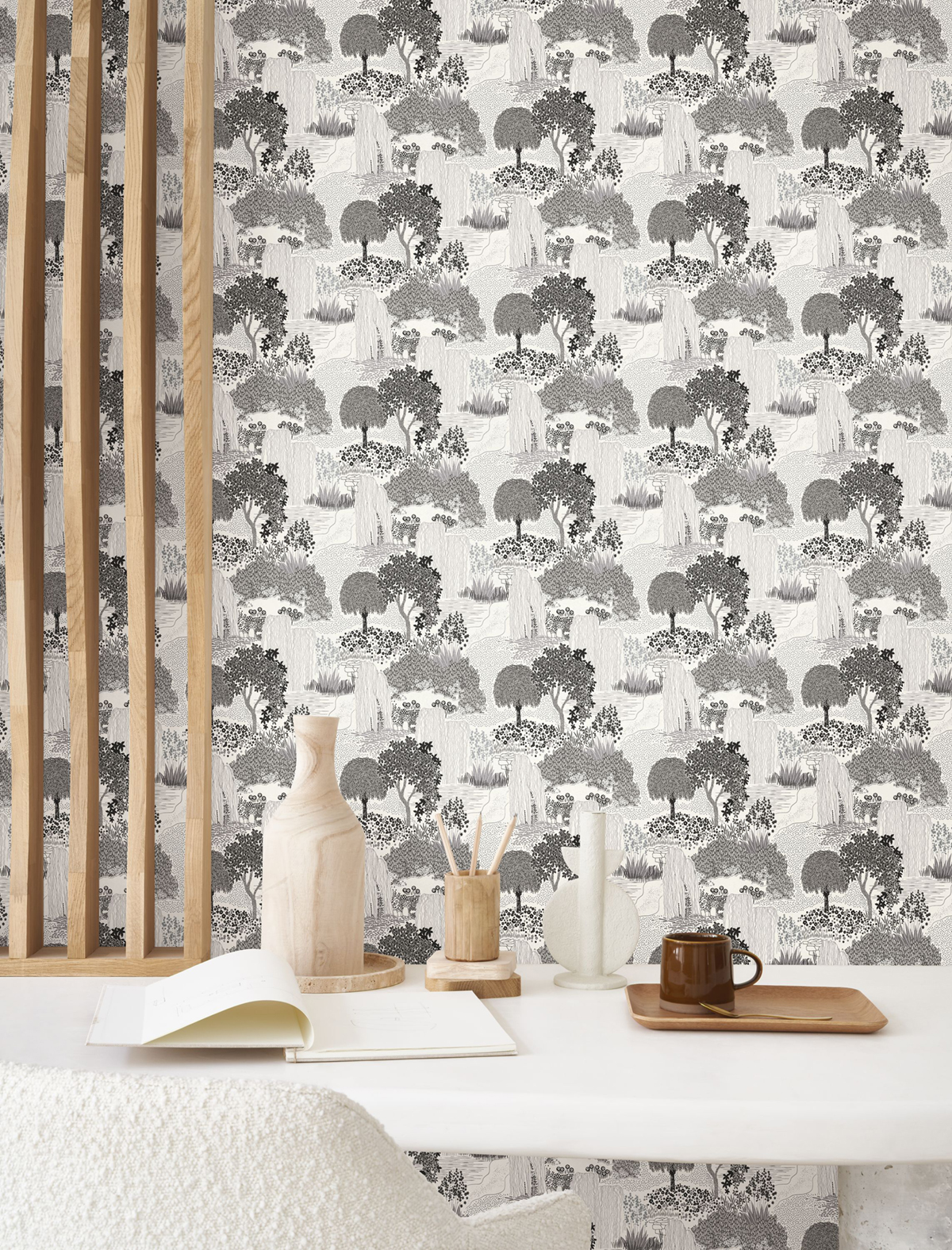 Papier peint jardin Japonais Niwa noir argenté - Kyoto de Casadéco | Réf. KYTO88729015