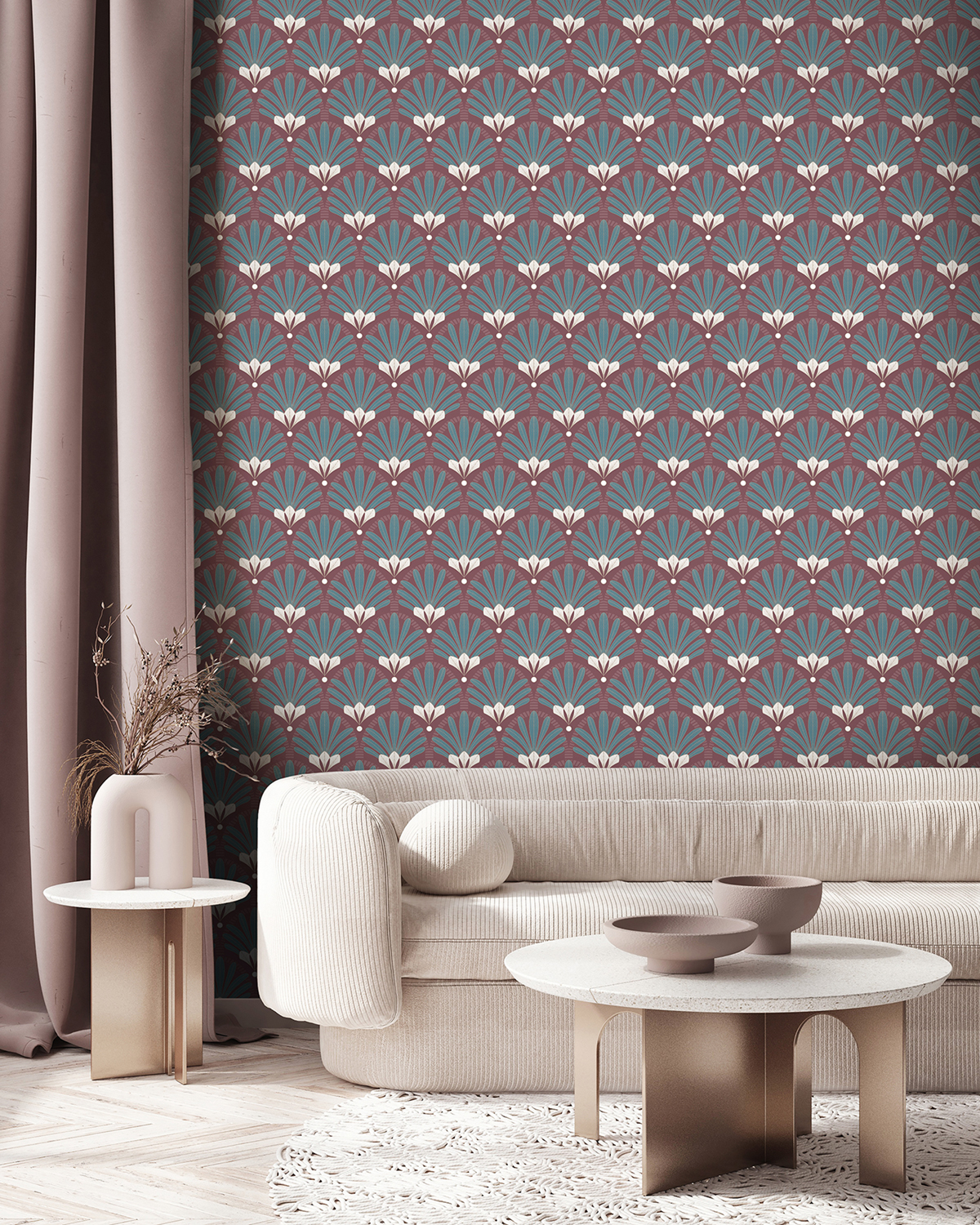 Papier Peint Plumes Art Déco bordeaux - Elégance d'Ugépa | Réf. UGP-M53310