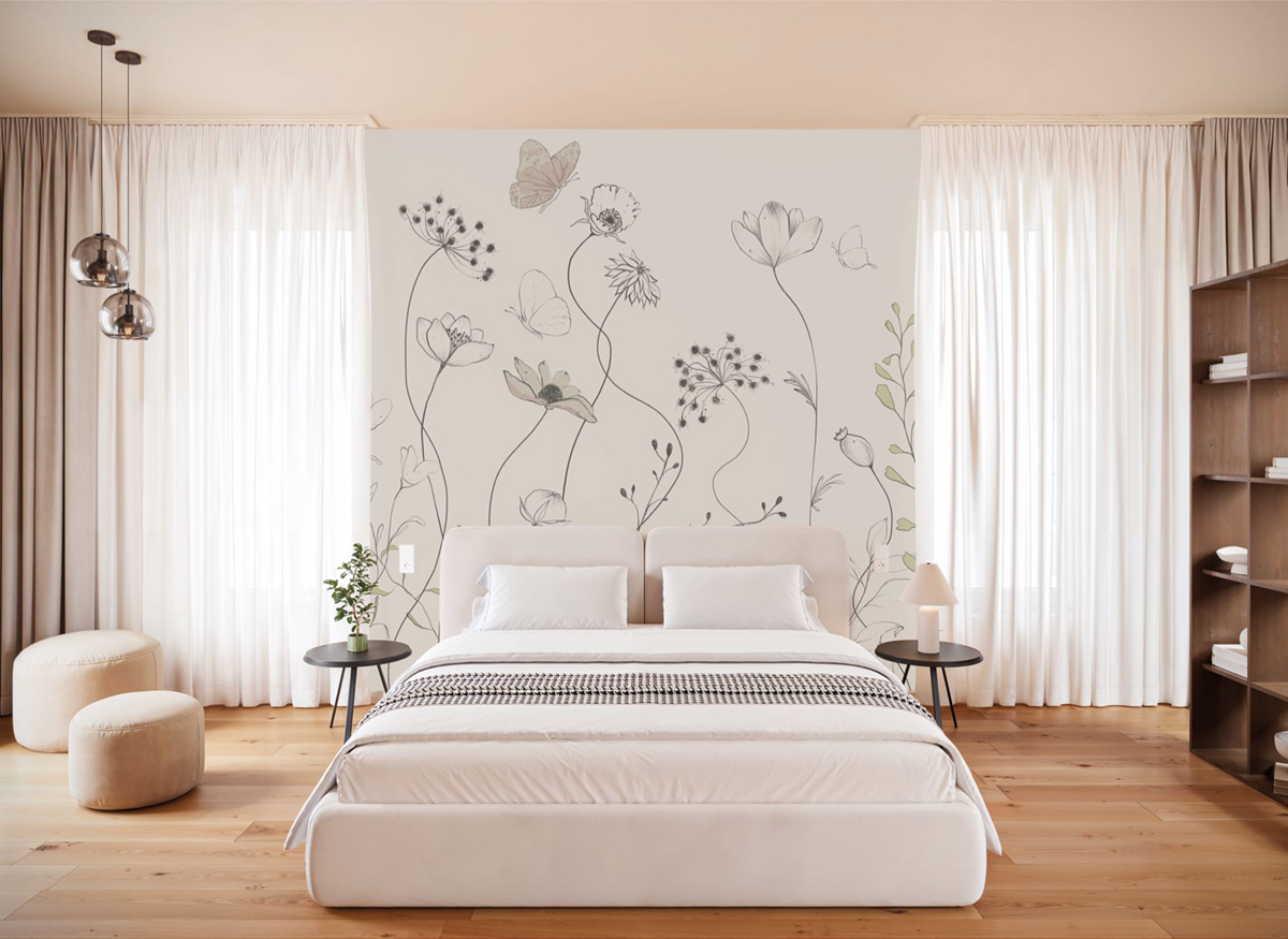 Papier peint panoramique Coquelicot Papillon beige rosé - Seasons de Komar