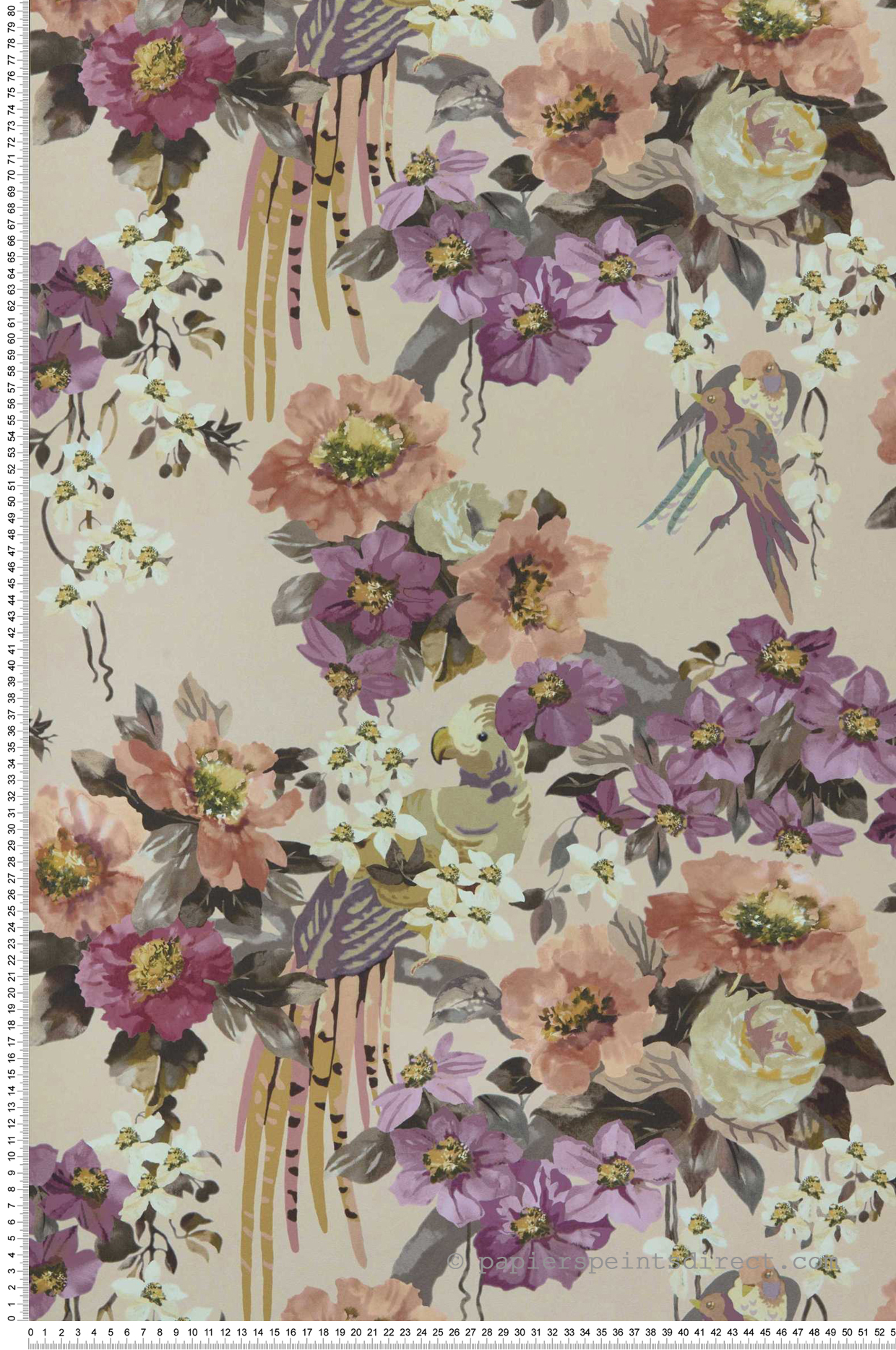 Papier peint Oiseau Floral Serenade abricot prune - V&A Decorative Papers II d'Initiales | Réf. INI-2412-181-01