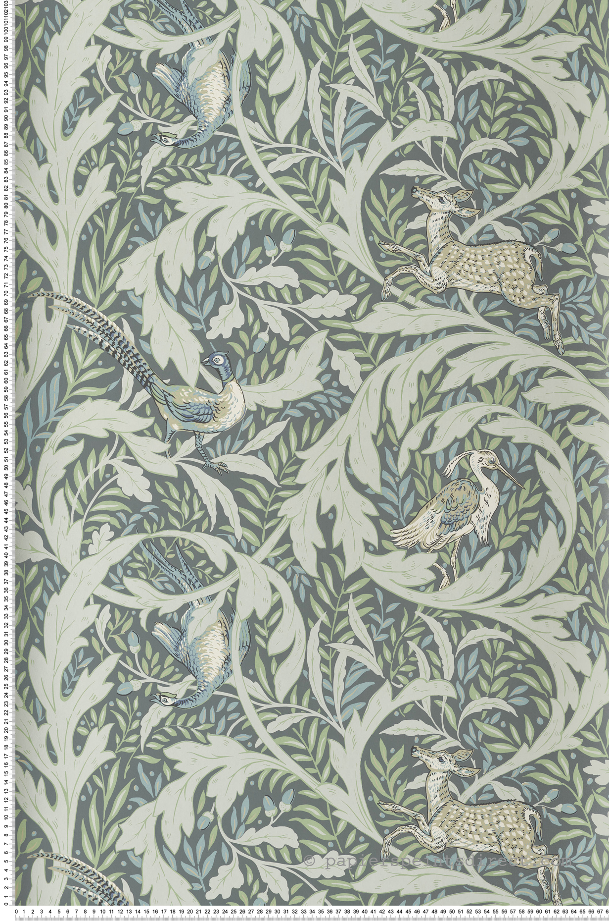 Papier peint Classique Animaux Forêt vert gris - Arts & Crafts d'Initiales | Réf. INI-AC9124